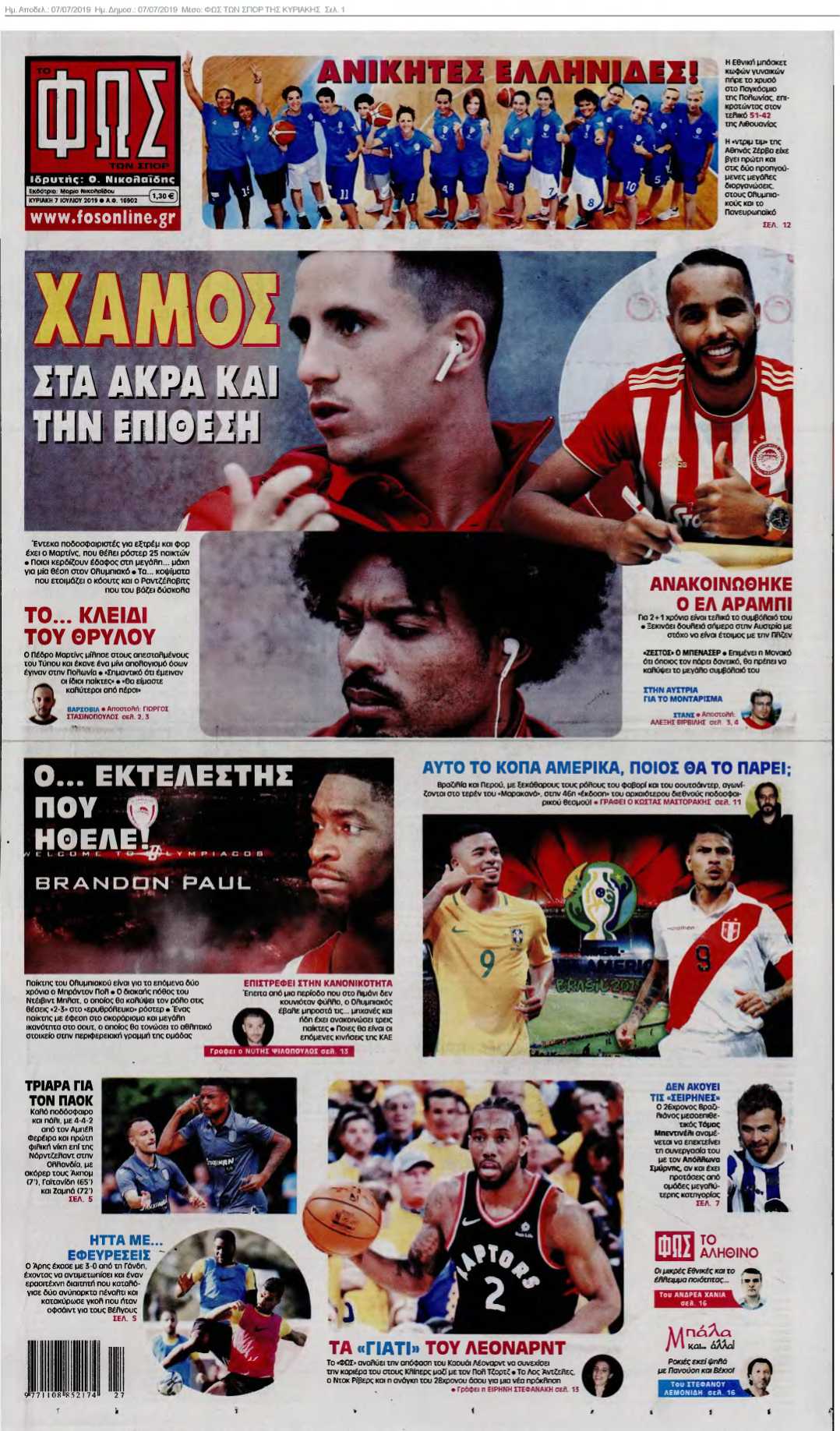 ΦΩΣ ΤΩΝ ΣΠΟΡ ΤΗΣ ΚΥΡΙΑΚΗΣ 07-07-2019