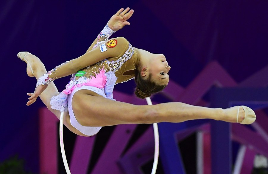 epa05974358 Alexandra Soldatova of Russia performs with the hoop during the individual qualification round of the 33rd European Rhythmic Gymnastics Championships at Papp Laszlo Budapest Sports Arena in Budapest, Hungary, 19 May 2017.  EPA