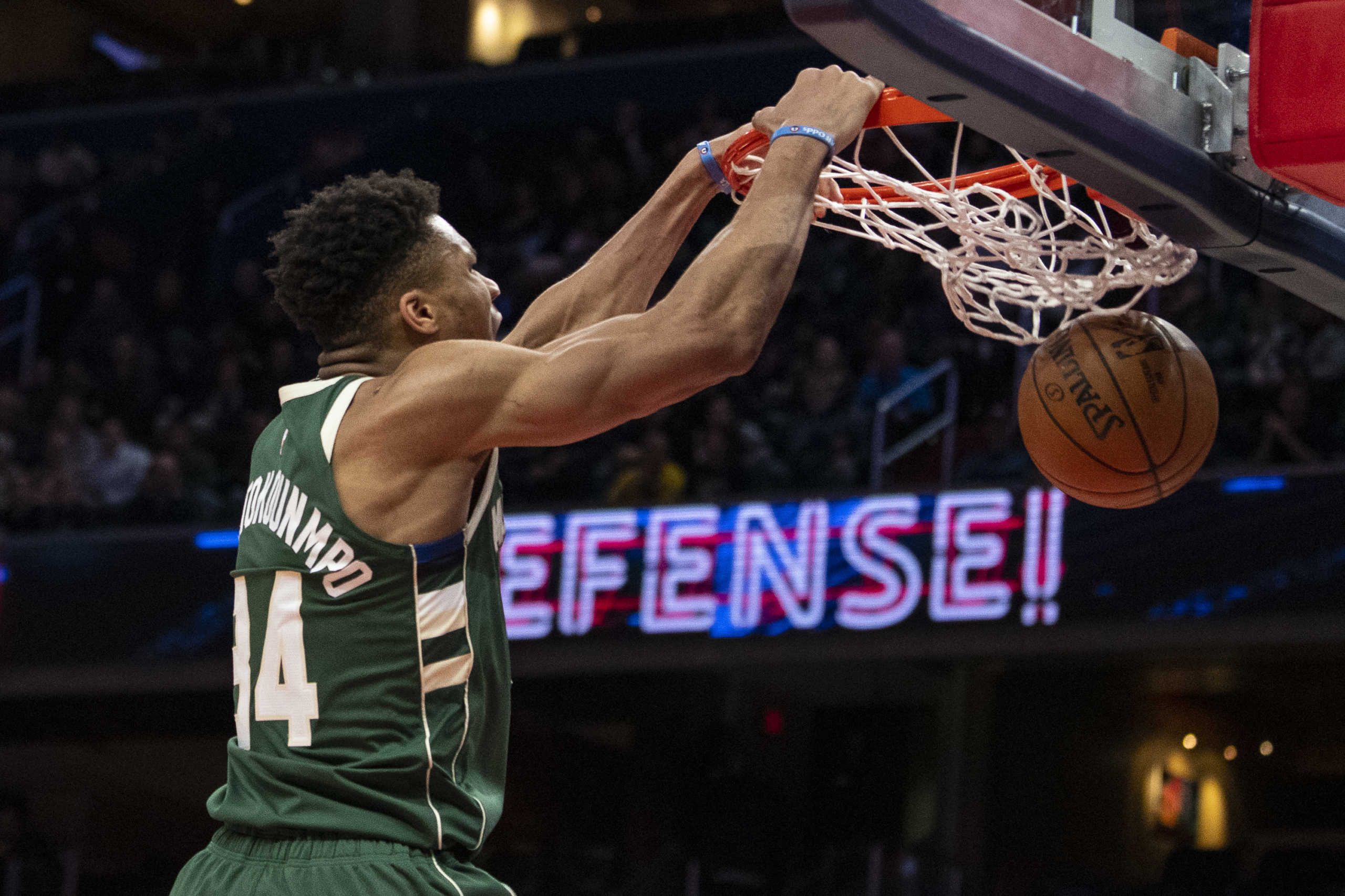 Feb 24, 2020; Washington, District of Columbia, USA;  Milwaukee Bucks forward Giannis Antetokounmpo (34) dunks during the fourth quarter against the Washington Wizards at Capital One Arena. Mandatory Credit: Tommy Gilligan-USA TODAY Sports