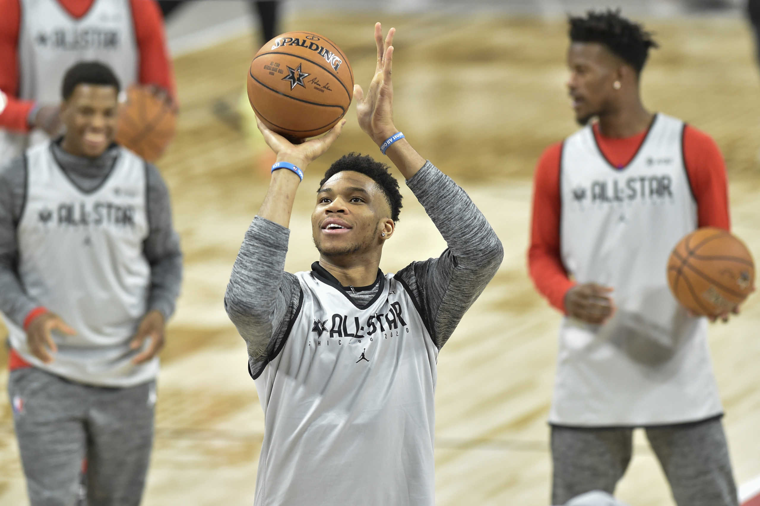 Feb 15, 2020; Chicago, Illinois, USA; Milwaukee Buck player Giannis Antetokounmpo shoots during media day for the NBA All Star Game at Wintrust. Mandatory Credit: Quinn Harris-USA TODAY Sports