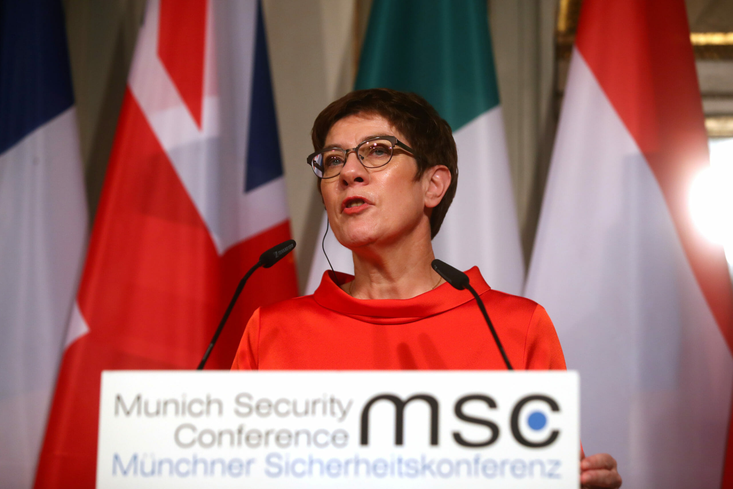 German Defence Minister Annegret Kramp-Karrenbauer speaks during a joint news conference with U.S. Defense Secretary Mark Esper (not pictured) after a meeting on anti-ISIS coalition in Munich, Germany, February 14, 2020. REUTERS