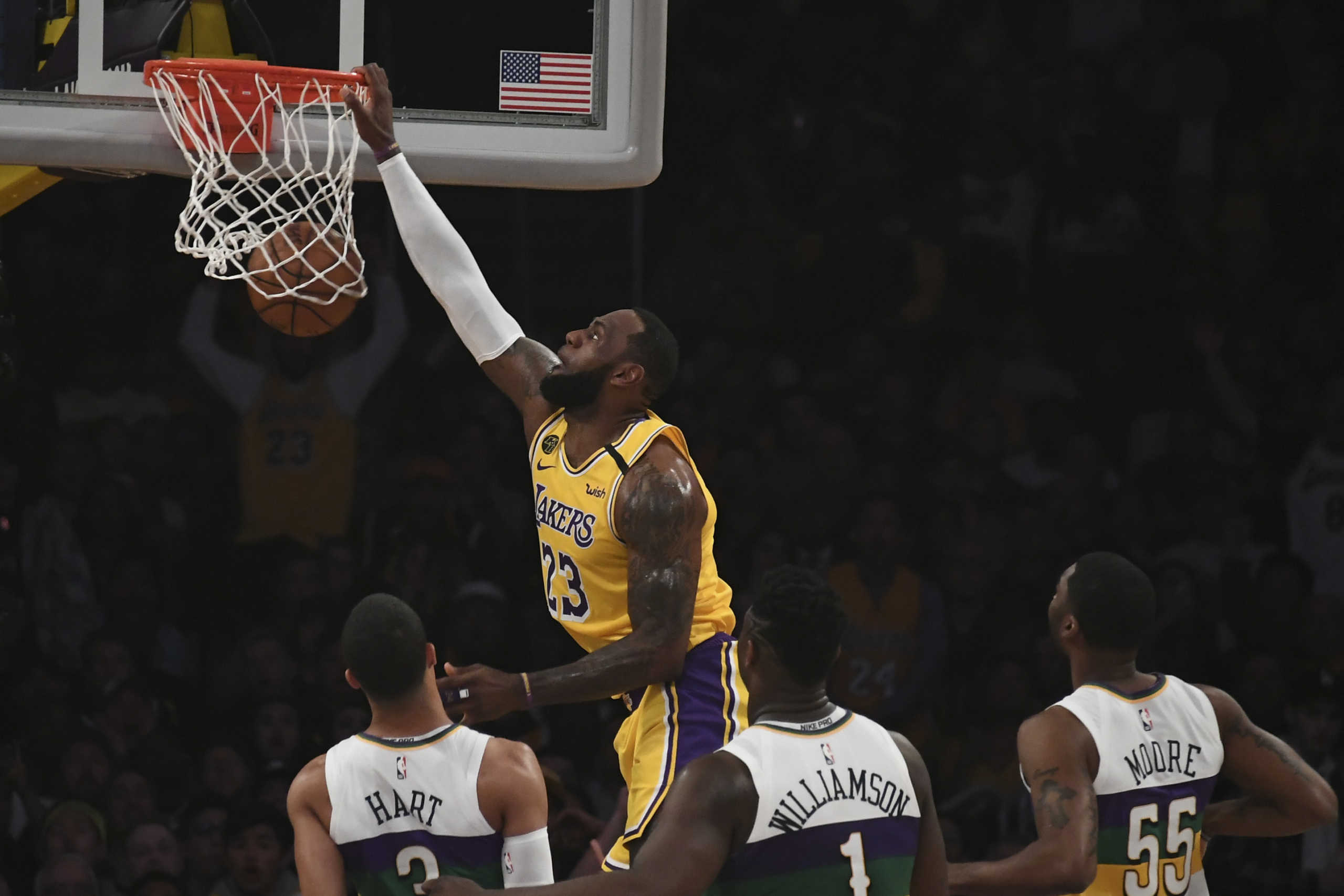 Feb 25, 2020; Los Angeles, California, USA; Los Angeles Lakers forward LeBron James (23) dunks the ball during the first half against the New Orleans Pelicans at Staples Center. Mandatory Credit: Richard Mackson-USA TODAY Sports
