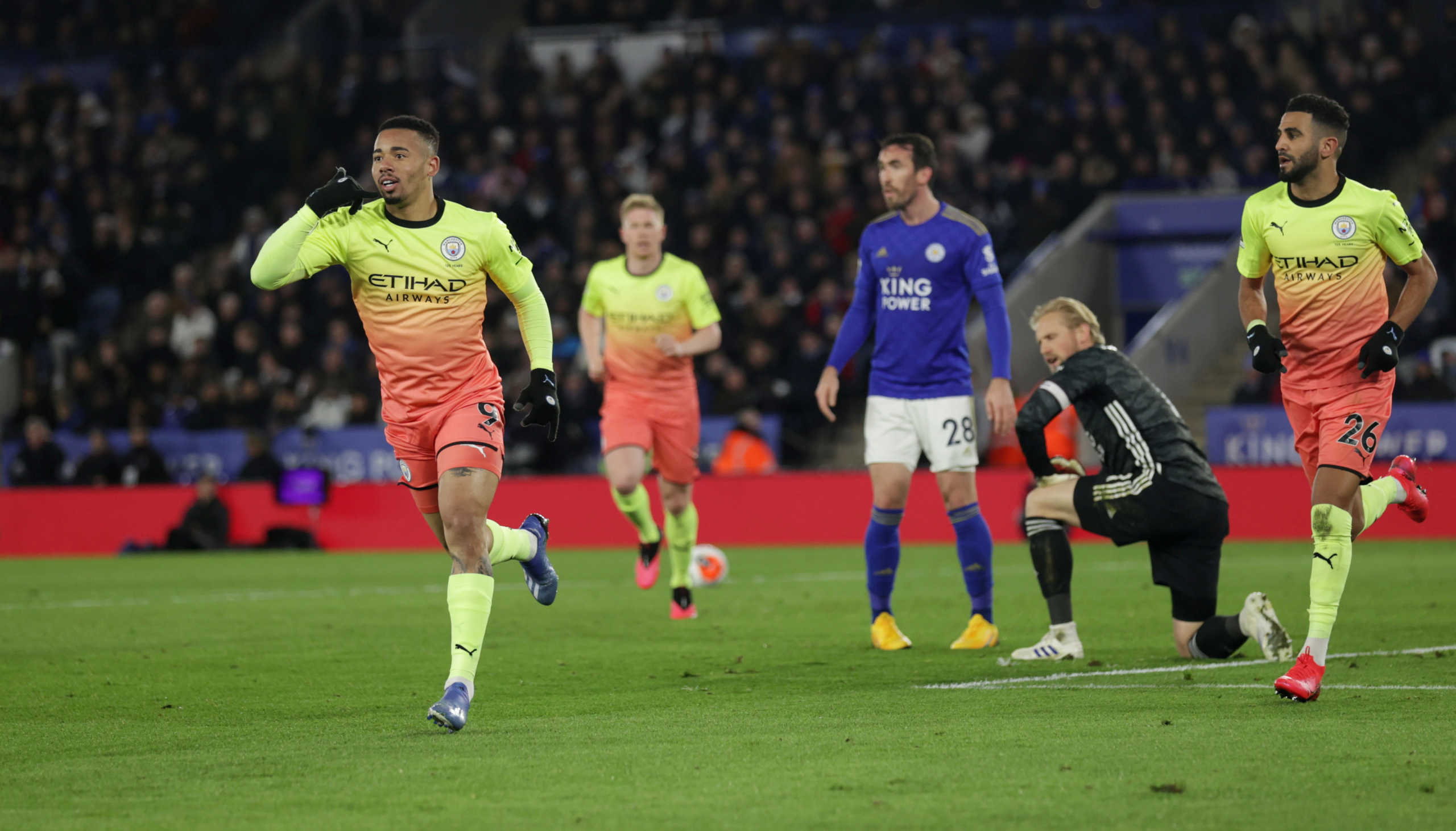 Soccer Football - Premier League - Leicester City v Manchester City - King Power Stadium, Leicester, Britain - February 22, 2020  Manchester City's Gabriel Jesus celebrates scoring their first goal   REUTERS