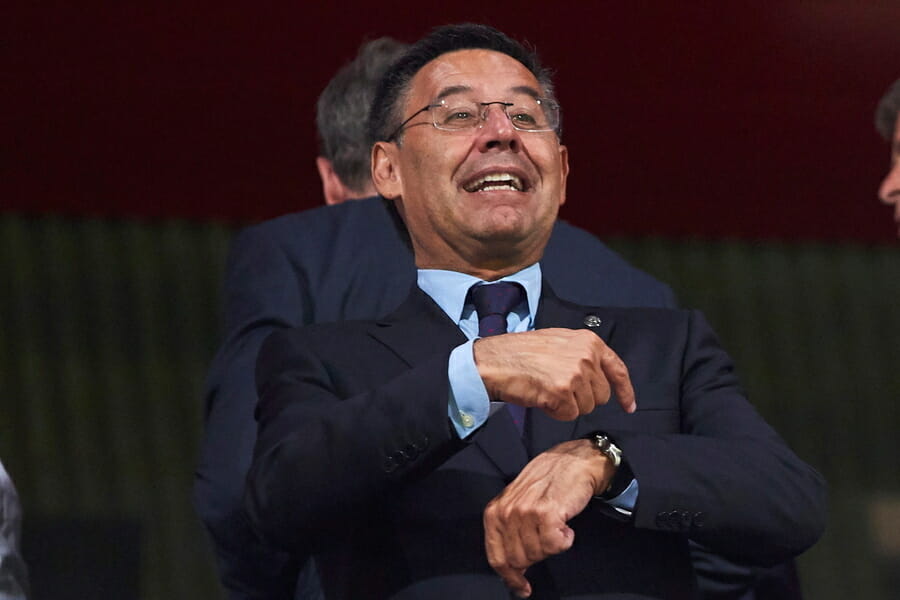 epa07798040 FC Barcelona's president Josep Maria Bartomeu attends the inaugural game between U-19 FC Barcelona and U-19 Ajax Amsterdam at Estadi Johan Cruyff stadium at Joan Gamper Sports City in Barcelona, Catalonia, Spain, 27 August 2019.  EPA