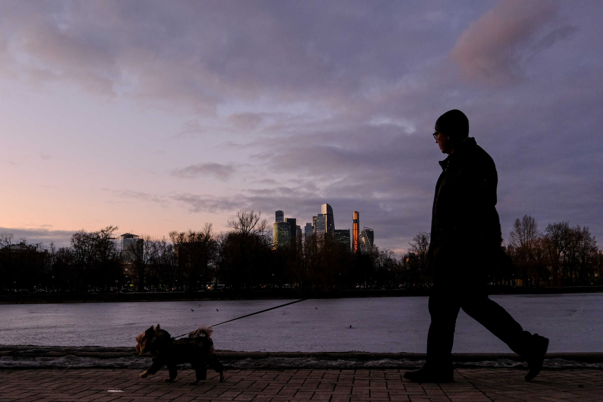 A man walks with a dog in a park, with the Moscow International Business Centre also known as "Moskva-City" seen in the background, during sunset in Moscow, Russia February 19, 2020. REUTERS