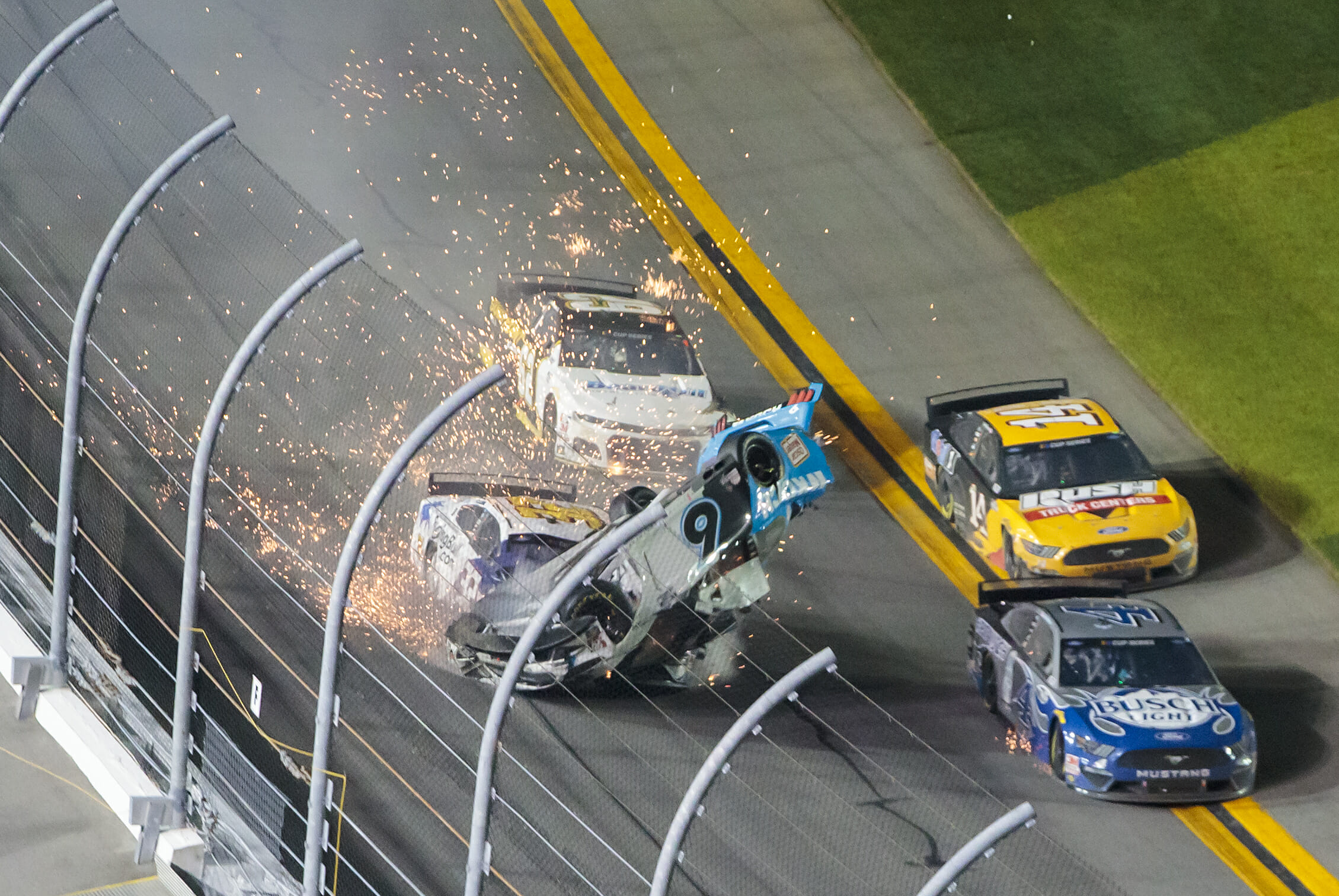 Feb 17, 2020; Daytona Beach, Florida, USA; NASCAR Cup Series driver Ryan Newman (6) goes airborne after being hit by Corey LaJoie (32) on the last lap of the Daytona 500 at Daytona International Speedway. The race is being run on a Monday after raining out Sunday. Mandatory Credit: Mark J. Rebilas-USA TODAY Sports
