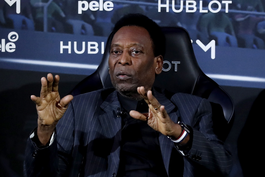 epa07480932 Legendary Brazilian former soccer player  Pele attends a press conference at a commercial event in Paris, France, 02 April 2019. Mbappe became the first teenager to score in a World Cup final since Pele in 1958.  EPA