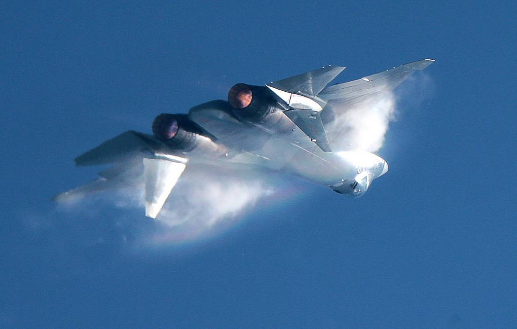 MOSCOW REGION, RUSSIA - AUGUST 12, 2017: A Sukhoi Su-57 jet multirole fighter aircraft in flight during an air display event as part of the 2017 Forsazh [Forsage] aviation festival marking the 105th anniversary of the establishment of the Russian Air Force in Patriot Park. Sergei Bobylev

Ðîññèÿ. Ìîñêîâñêàÿ îáëàñòü. 12 àâãóñòà 2017. Ðîññèéñêèé èñòðåáèòåëü ïÿòîãî ïîêîëåíèÿ Ñó-57 âî âðåìÿ âîçäóøíîãî ïàðàäà íà àâèàöèîííîì ôåñòèâàëå "Ôîðñàæ-2017", ïîñâÿùåííîì 105-ëåòèþ ñîçäàíèÿ Âîåííî-âîçäóøíûõ ñèë Ðîññèè, â ïàðêå "Ïàòðèîò". Ñåðãåé Áîáûëåâ