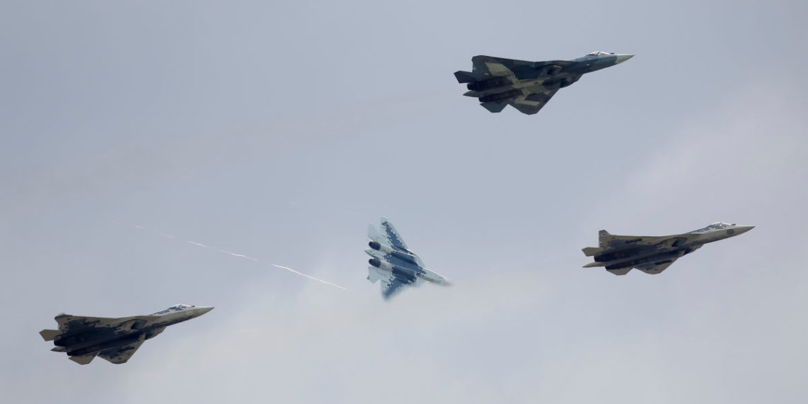 Sukhoi Su-57 fighter jets perform during a demonstration flight at the MAKS 2019 air show in Zhukovsky, outside Moscow, Russia, August 27, 2019.  REUTERS