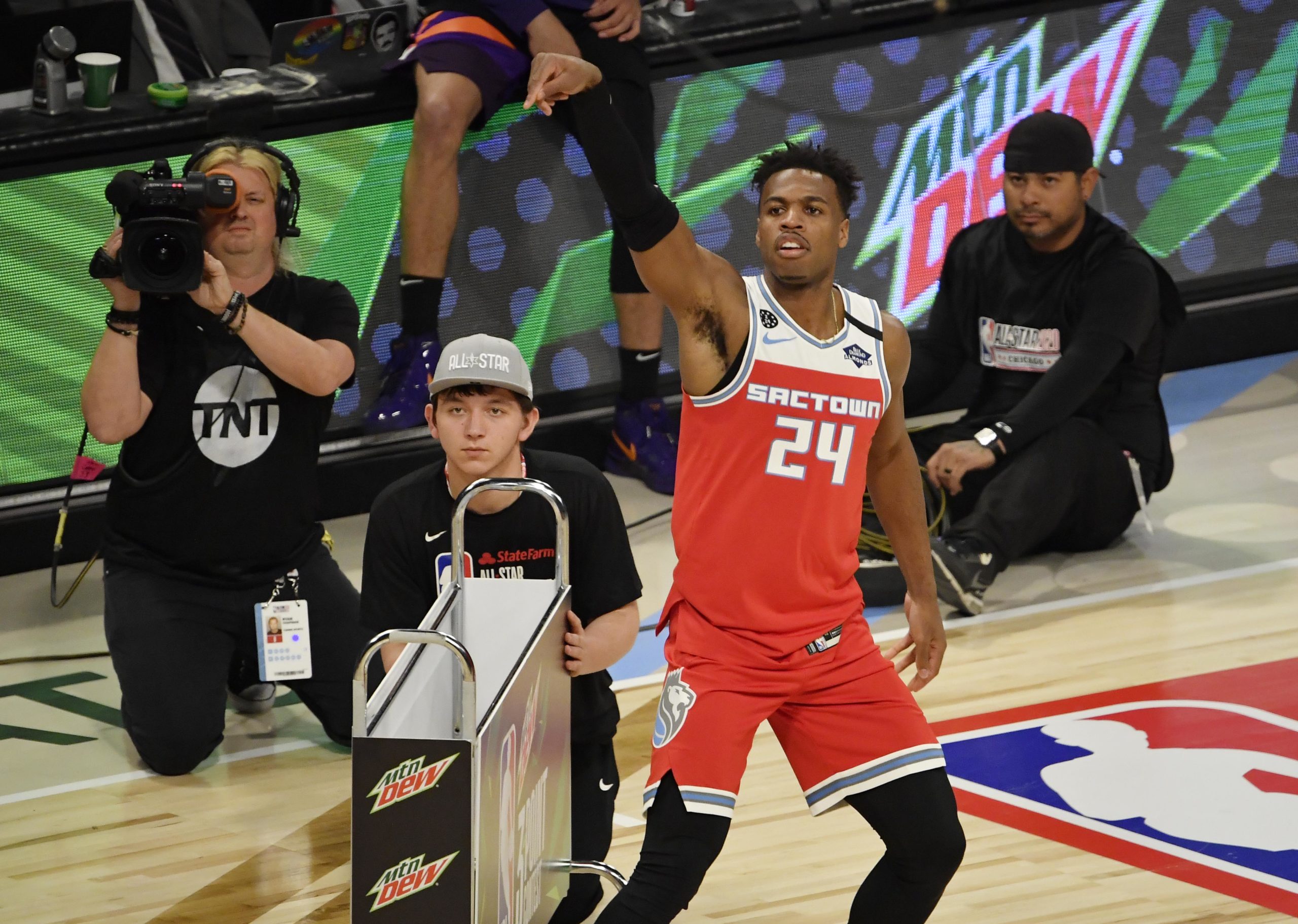 Feb 15, 2020; Chicago, Illinois, USA; Sacramento Kings player Buddy Hield in the three point contest during NBA All Star Saturday Night at United Center. Mandatory Credit: Quinn Harris-USA TODAY Sports