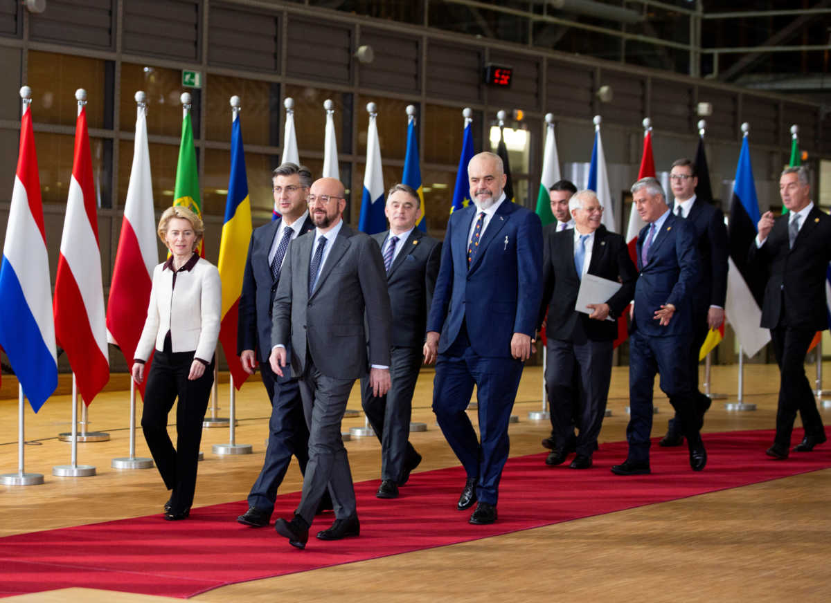 European Council President Charles Michel and European Commission President Ursula von der Leyen walk with leaders of the Western Balkans; Croatian Prime Minister Andrej Plenkovic, Chairman of Bosnia and Herzogovina Zeljko Komsic, Albanian Prime Minister Edi Rama, European Union's foreign policy chief Josep Borrell, North Macedonia's Foreign Minister Nikola Dimitrov, Kosovo President Hashim Thaci, Serbian President Aleksandar Vucicj and Montenegro's President Milo Dukanovic, prior to a group photo at an EU-Western Balkans meeting at the Europa building in Brussels, Belgium February 16, 2020.  Virginia Mayo