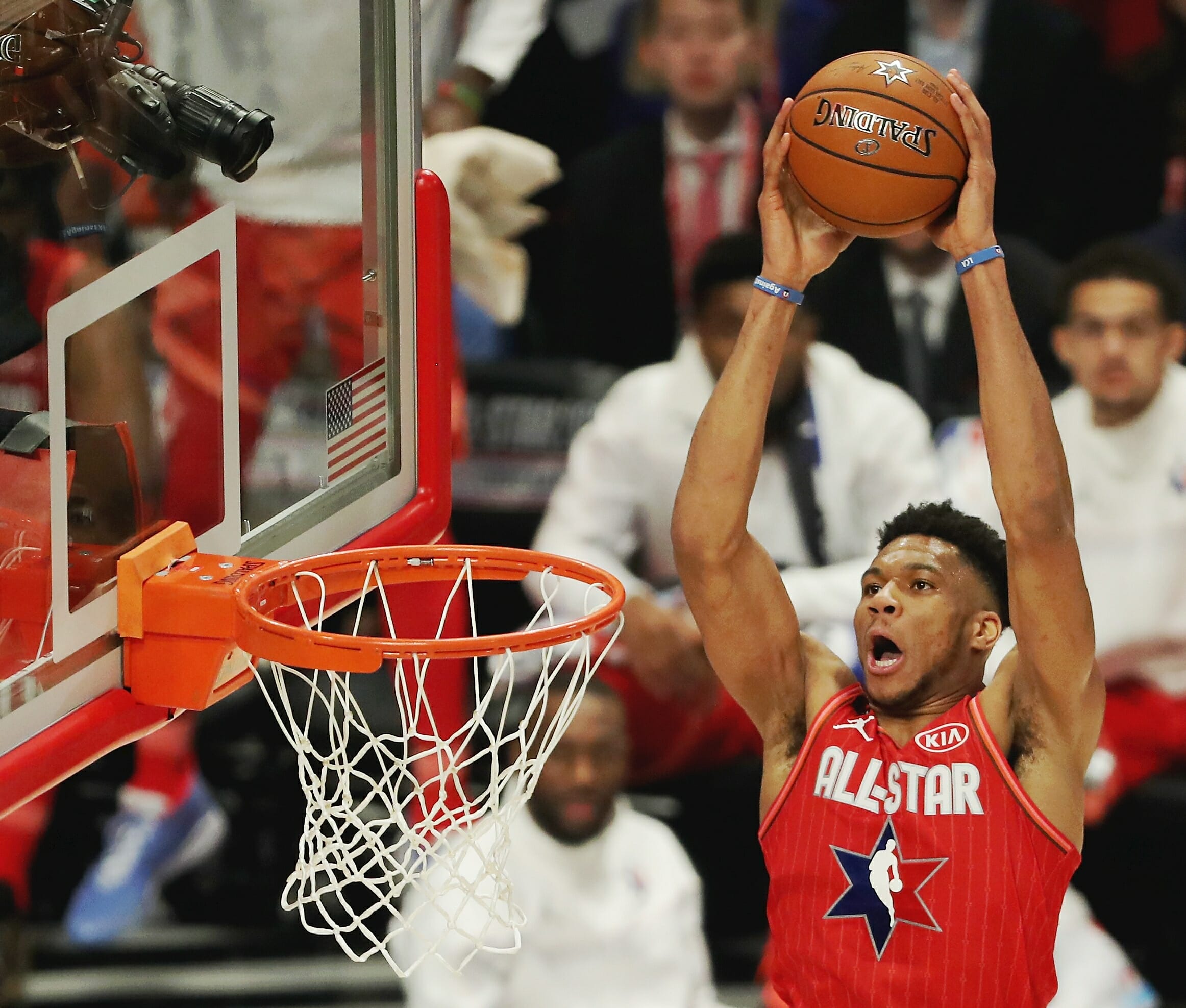 Feb 16, 2020; Chicago, Illinois, USA; Team Giannis forward Giannis Antetokounmpo of the Milwaukee Bucks dunks during the second quarter during the 2020 NBA All Star Game at United Center. Mandatory Credit: Dennis Wierzbicki-USA TODAY Sports