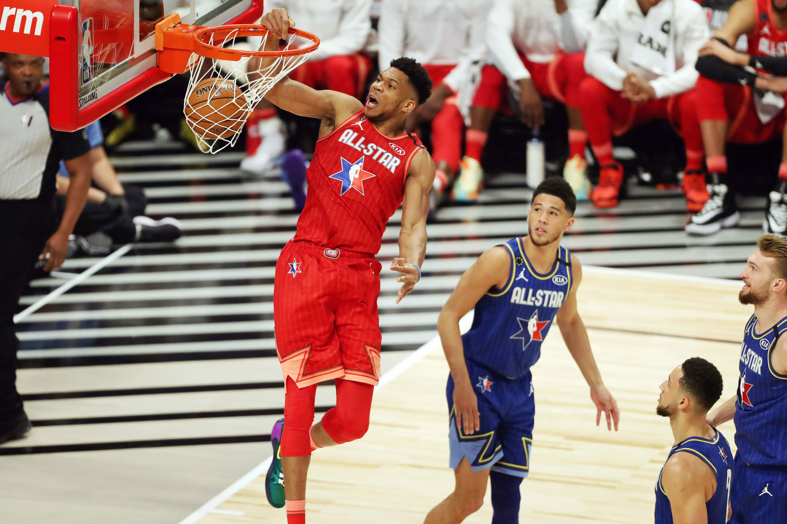 Feb 16, 2020; Chicago, Illinois, USA; Team Giannis forward Giannis Antetokounmpo of the Milwaukee Bucks dunks the ball during the first quarter during the second quarter during the 2020 NBA All Star Game at United Center. Mandatory Credit: Dennis Wierzbicki-USA TODAY Sports