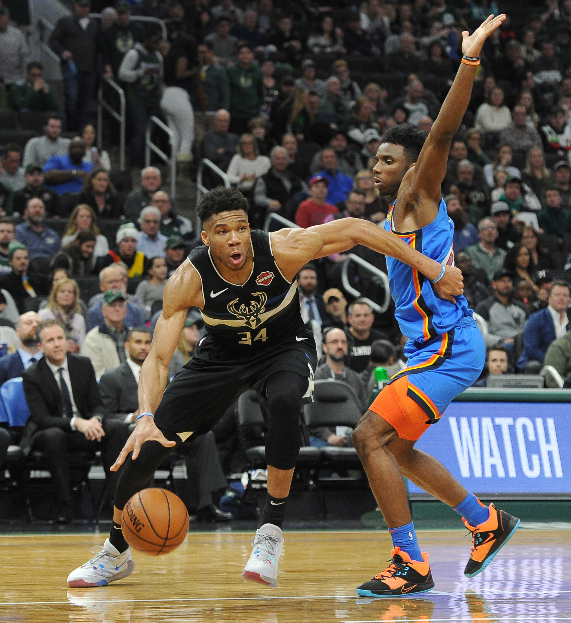 Feb 28, 2020; Milwaukee, Wisconsin, USA;  Milwaukee Bucks forward Giannis Antetokounmpo (34) drives to the basket against Oklahoma City Thunder center Nerlens Noel (9) in the second half at Fiserv Forum. Mandatory Credit: Michael McLoone-USA TODAY Sports