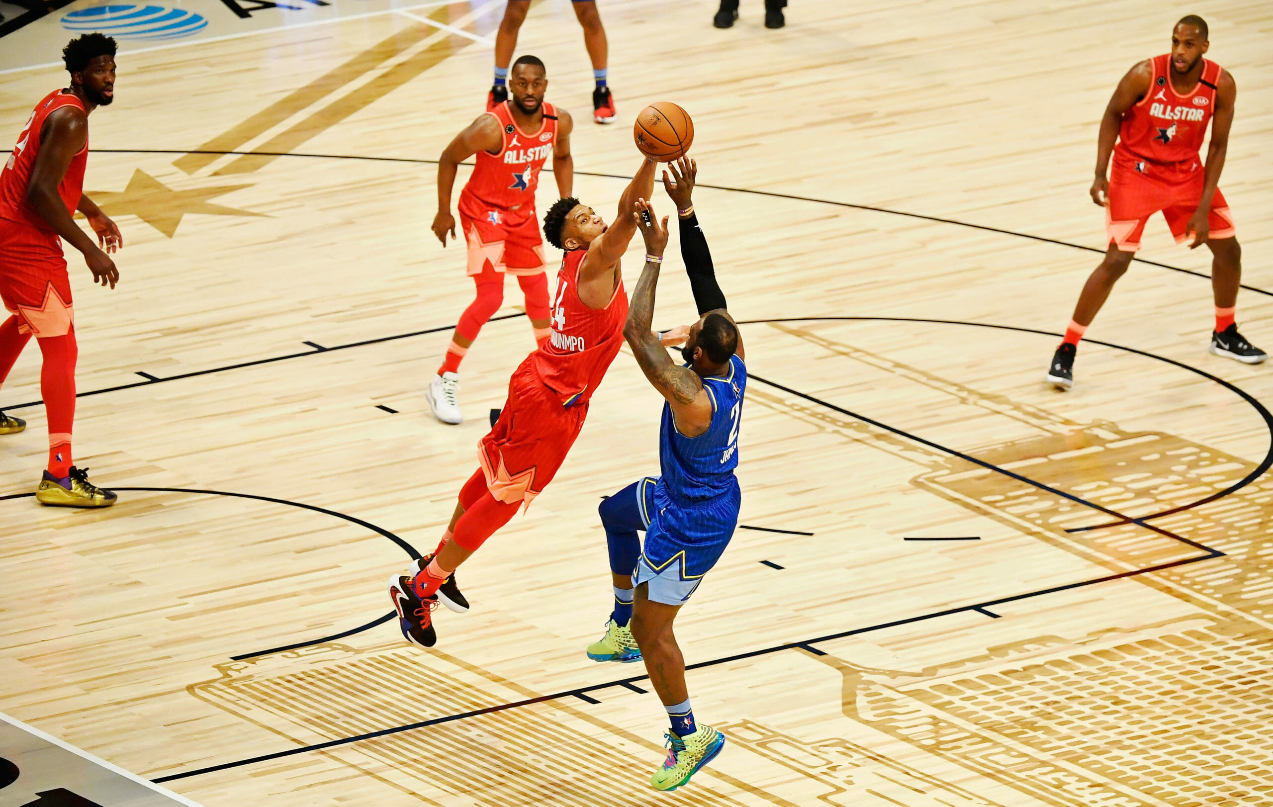 Feb 16, 2020; Chicago, Illinois, USA; Team Giannis forward Giannis Antetokounmpo of the Milwaukee Bucks blocks the shot of Team LeBron forward LeBron James of the Los Angeles Lakers during the fourth quarter during the 2020 NBA All Star Game at United Center. Mandatory Credit: Quinn Harris-USA TODAY Sports