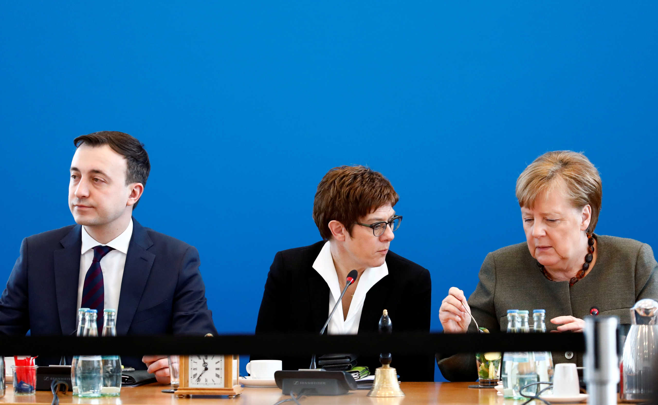 German Chancellor Angela Merkel, German Defense Minister Annegret Kramp-Karrenbauer and Germany's Christian Democratic Union Secretary General Paul Ziemiak attend a CDU board meeting at the party's headquarters in Berlin, Germany, February 24, 2020. REUTERS