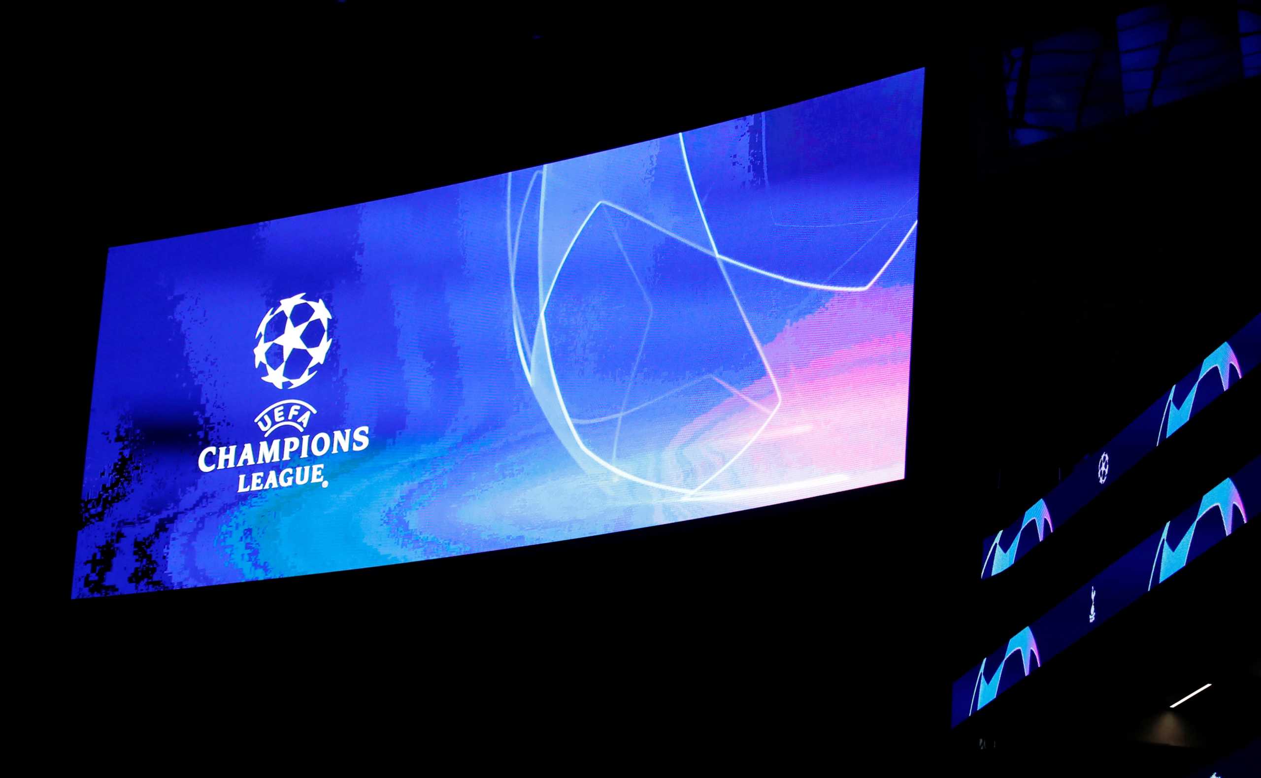Soccer Football - Champions League - RB Leipzig Training - Tottenham Hotspur Stadium, London, Britain - February 18, 2020   General view of the big screen during RB Leipzig training     Action Images via Reuters