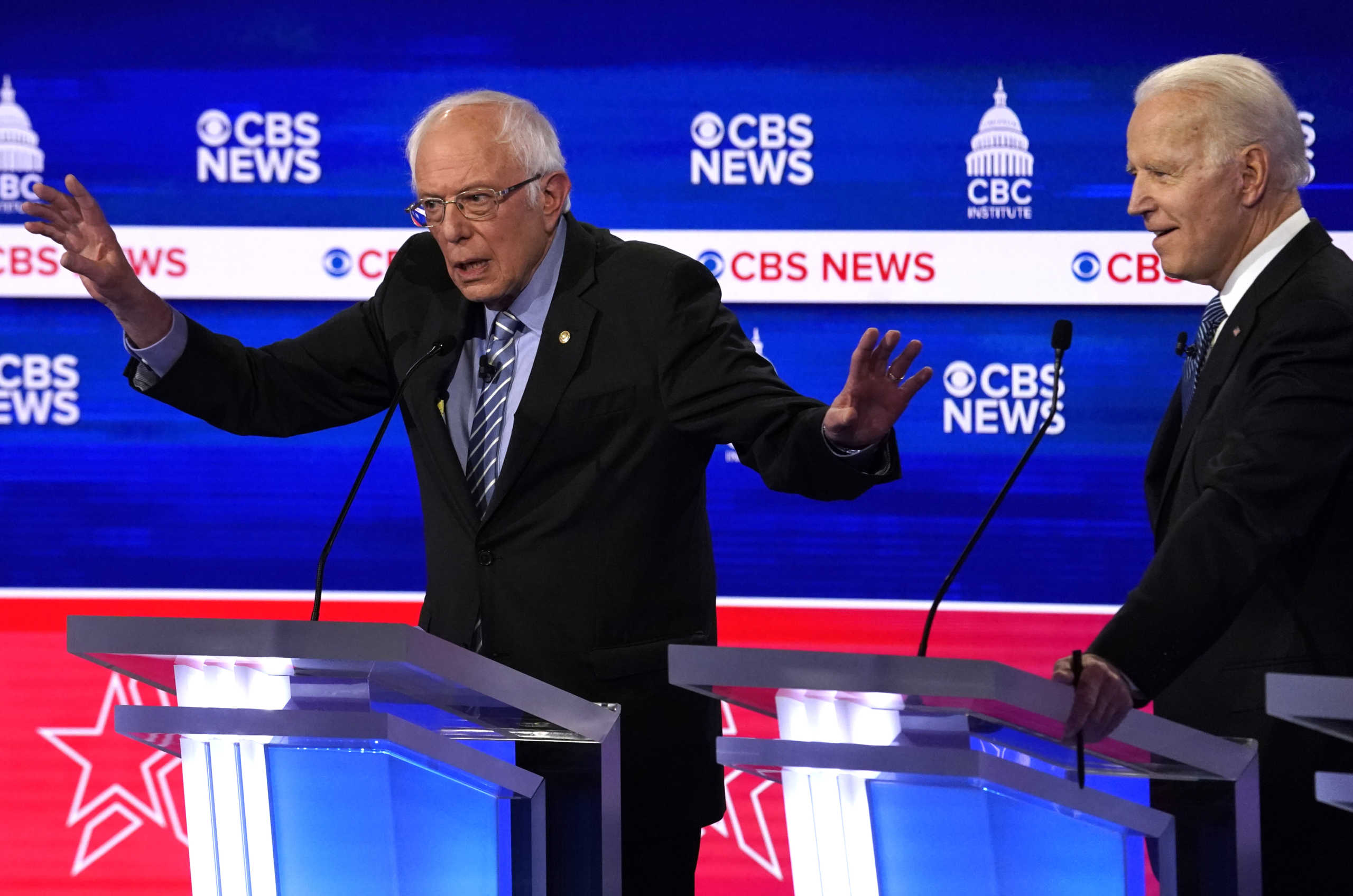 Democratic 2020 U.S. presidential candidates Senator Bernie Sanders and former Vice President Joe Biden debate at the tenth Democratic 2020 presidential debate at the Gaillard Center in Charleston, South Carolina, U.S. February 25, 2020. REUTERS