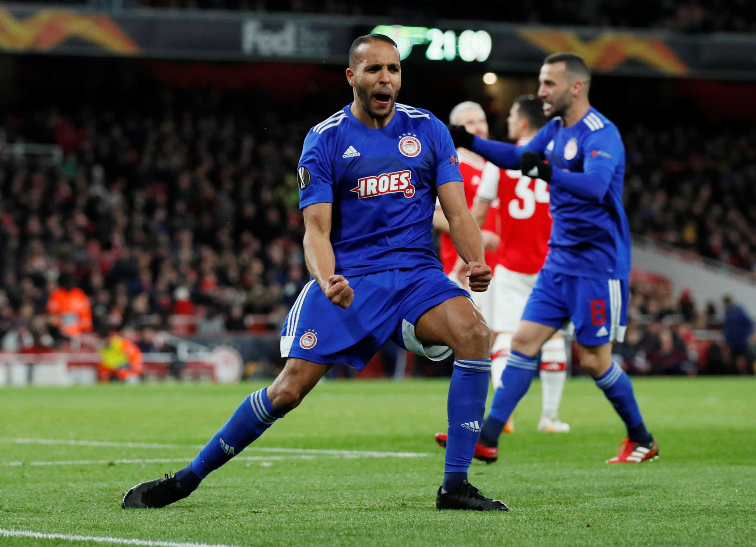 Soccer Football - Europa League - Round of 32 Second Leg - Arsenal v Olympiacos - Emirates Stadium, London, Britain - February 27, 2020  Olympiacos' Youssef El-Arabi celebrates their first goal   REUTERS