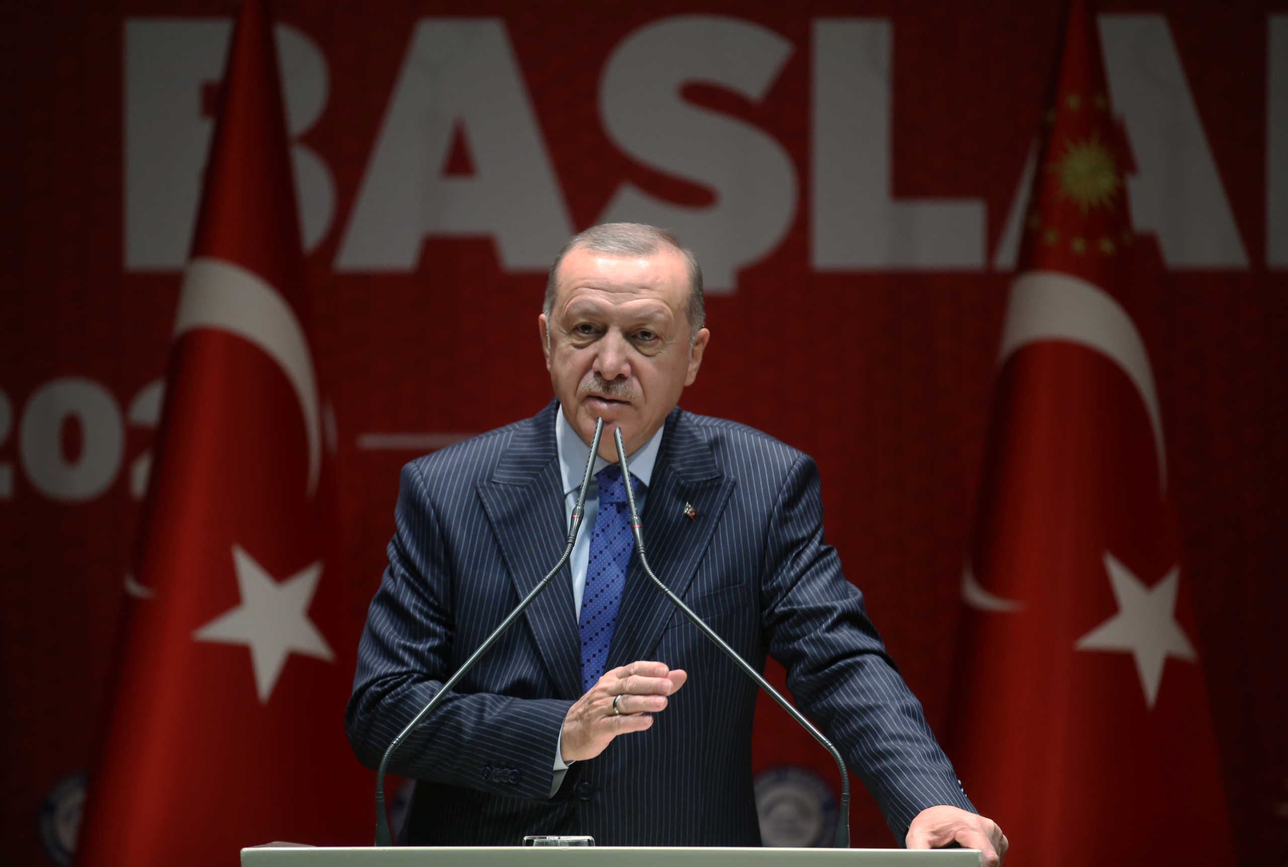 Turkish President Tayyip Erdogan speaks during a meeting of his ruling AK Party in Ankara, Turkey, February 27, 2020. Turkish Presidential Press Office