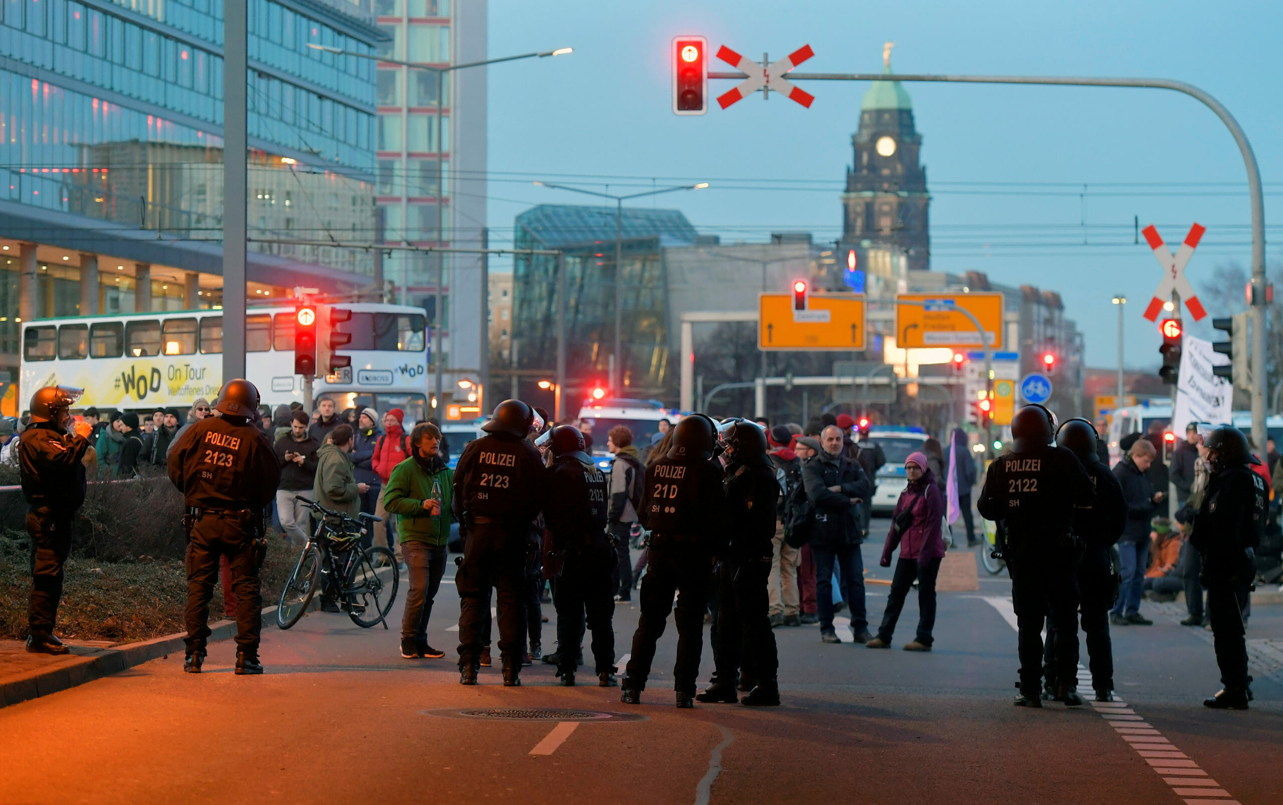 Police officers block the route of left wing protesters as far-right groups demonstrate following the 75th anniversary of the WW2 bombings in Dresden, Germany, February 15, 2020. REUTERS