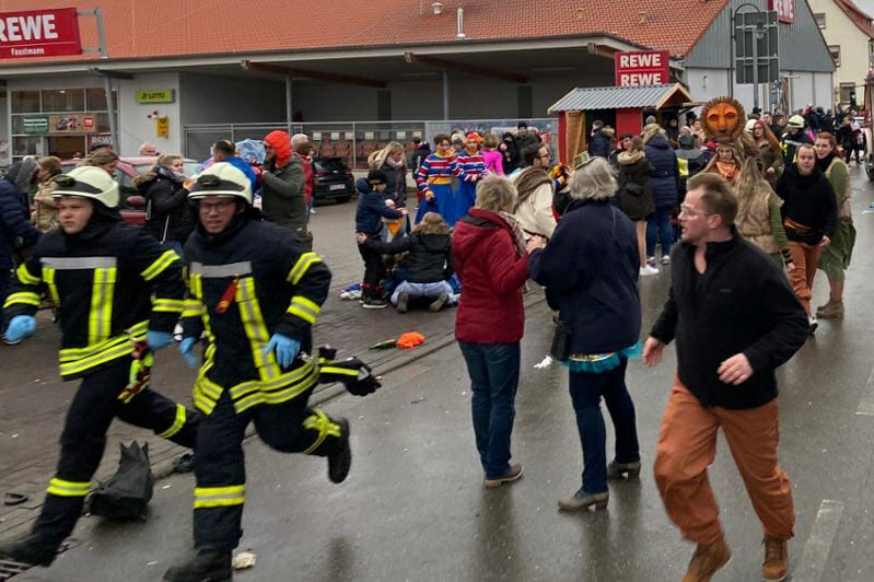 People react at the scene after a car ploughed into a carnival parade injuring several people in Volkmarsen, Germany February 24, 2020.     Elmar Schulten