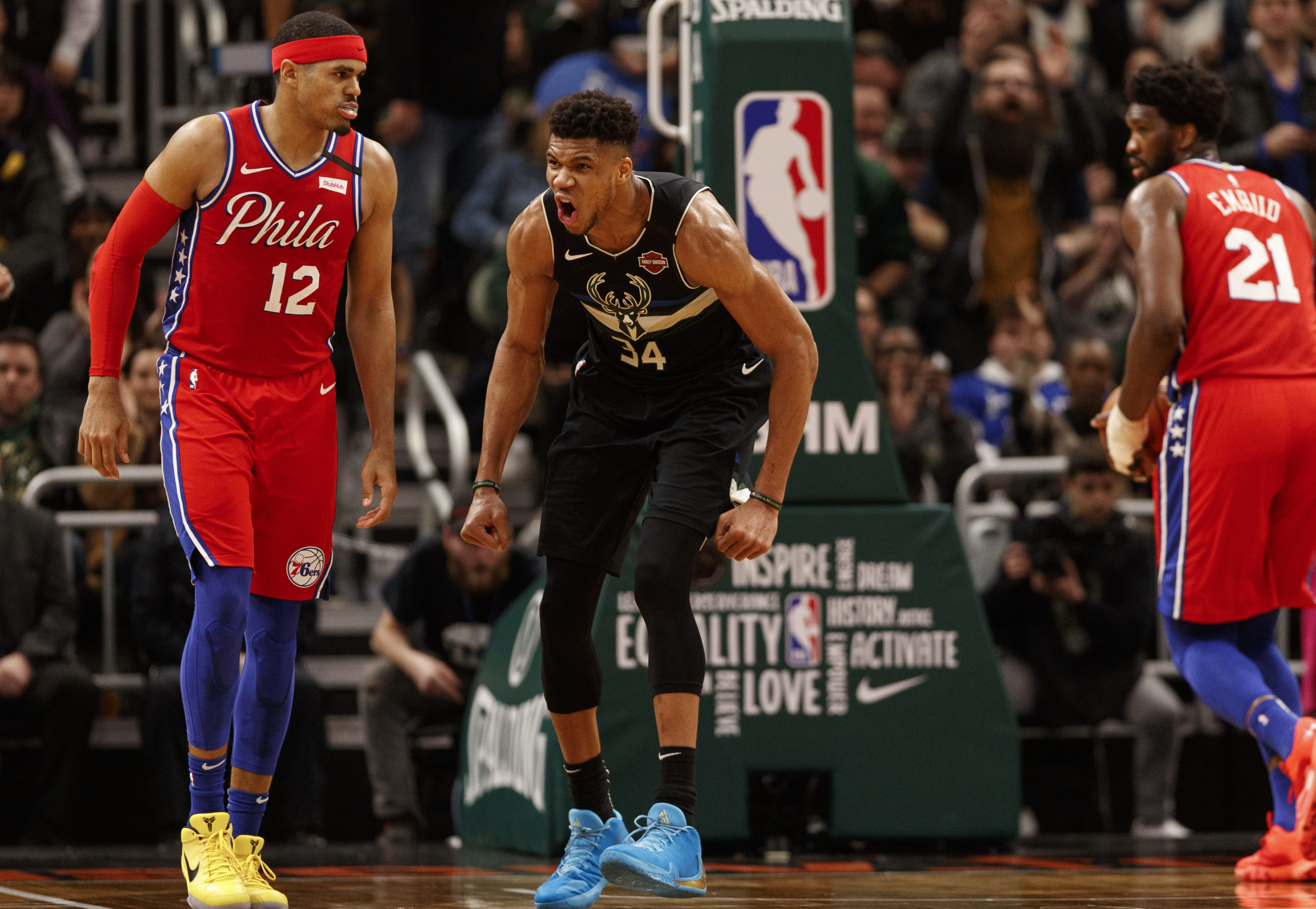 Feb 6, 2020; Milwaukee, Wisconsin, USA;  Milwaukee Bucks forward Giannis Antetokounmpo (34) reacts after scoring against the Philadelphia 76ers during the fourth quarter at Fiserv Forum. Mandatory Credit: Jeff Hanisch-USA TODAY Sports