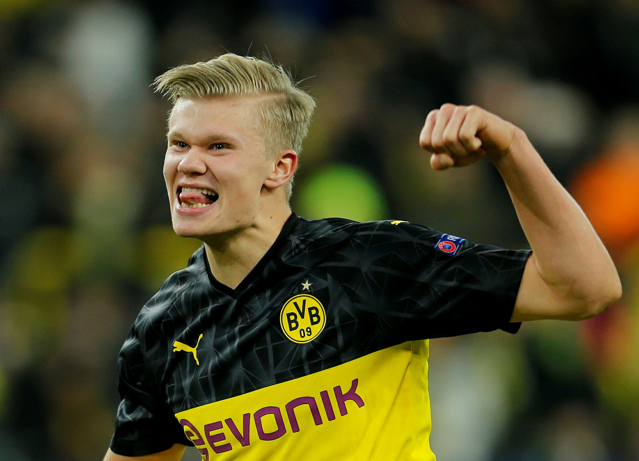 Soccer Football - Champions League - Round of 16 First Leg - Borussia Dortmund v Paris St Germain - Signal Iduna Park, Dortmund, Germany - February 18, 2020  Borussia Dortmund's Erling Braut Haaland celebrates after the match        REUTERS