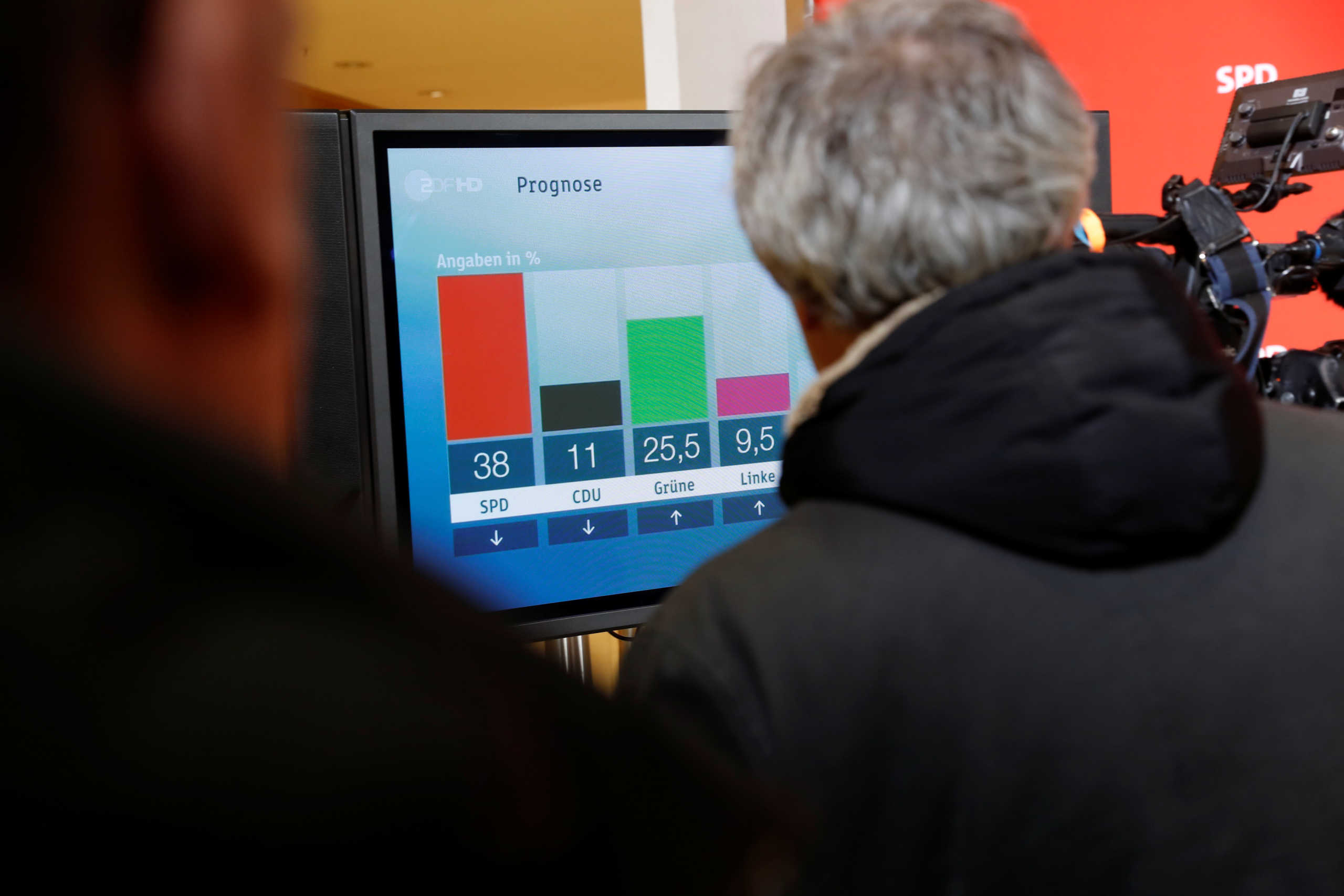 Germany's Social Democratic Party (SPD) supporters look at first exit polls for the Hamburg state election in Berlin, Germany, February 23, 2020. REUTERS