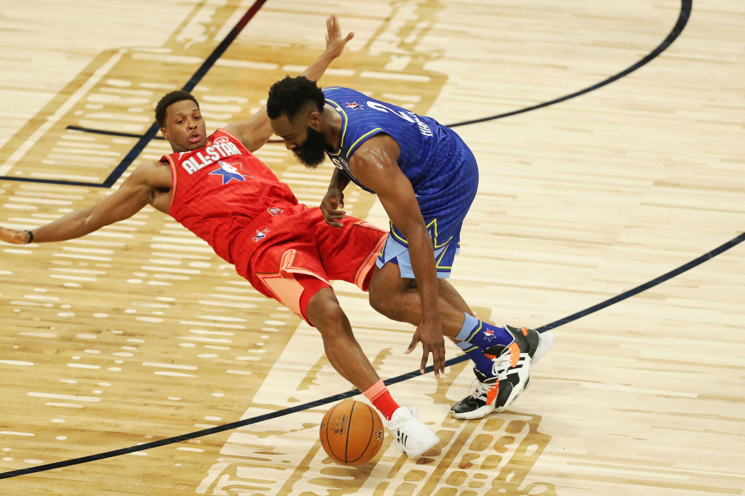 Feb 16, 2020; Chicago, Illinois, USA; (Editors Notes: Caption Correction) Team LeBron guard James Harden of the Houston Rockets fouls Team Giannis guard Kyle Lowry of the Toronto Raptors during the fourth quarter during the 2020 NBA All Star Game at United Center. Mandatory Credit: Dennis Wierzbicki-USA TODAY Sports