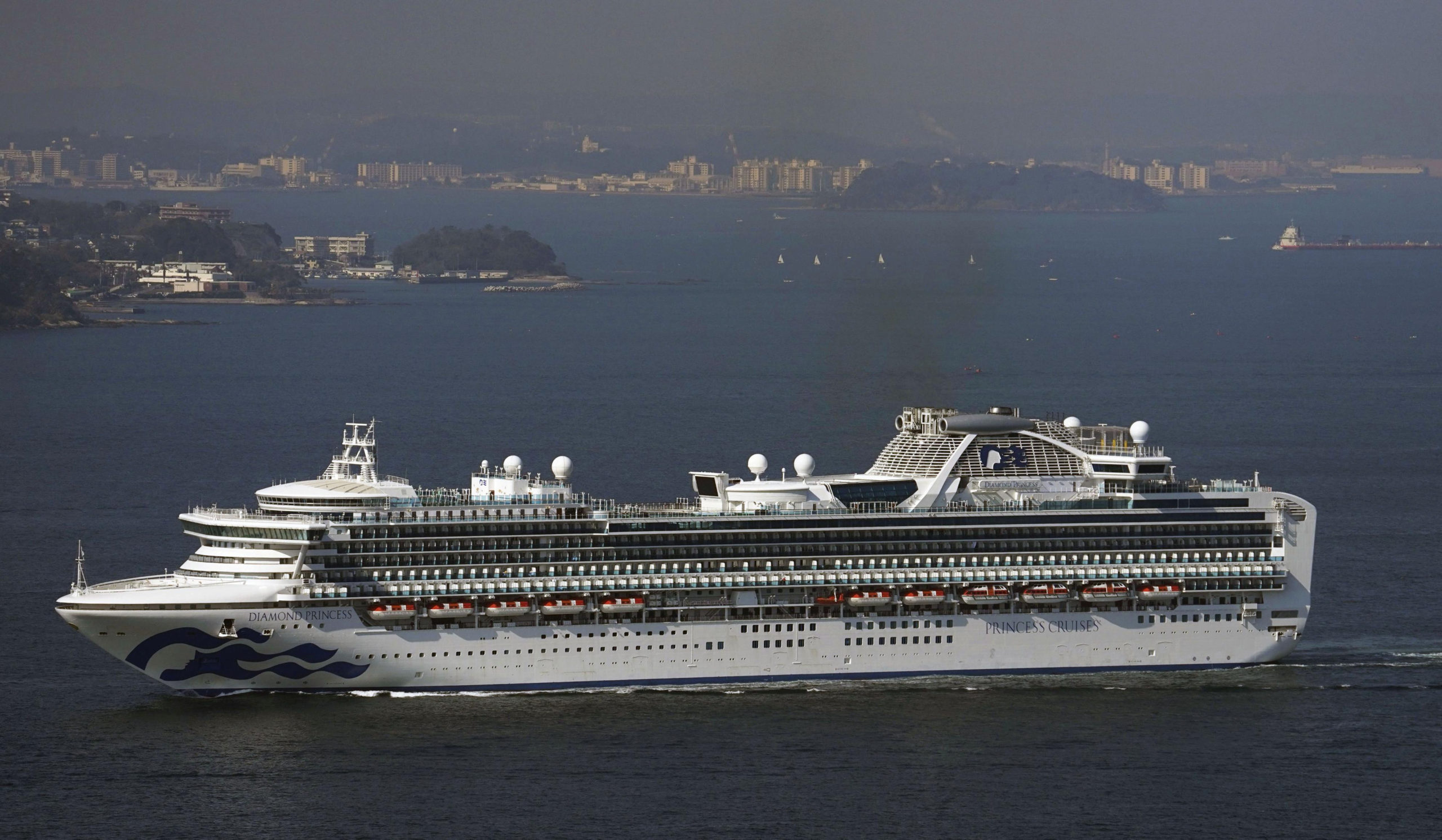 An aerial view shows the cruise ship Diamond Princess sailing off Yokosuka, Japan in this photo taken by Kyodo February 8, 2020. Mandatory credit Kyodo