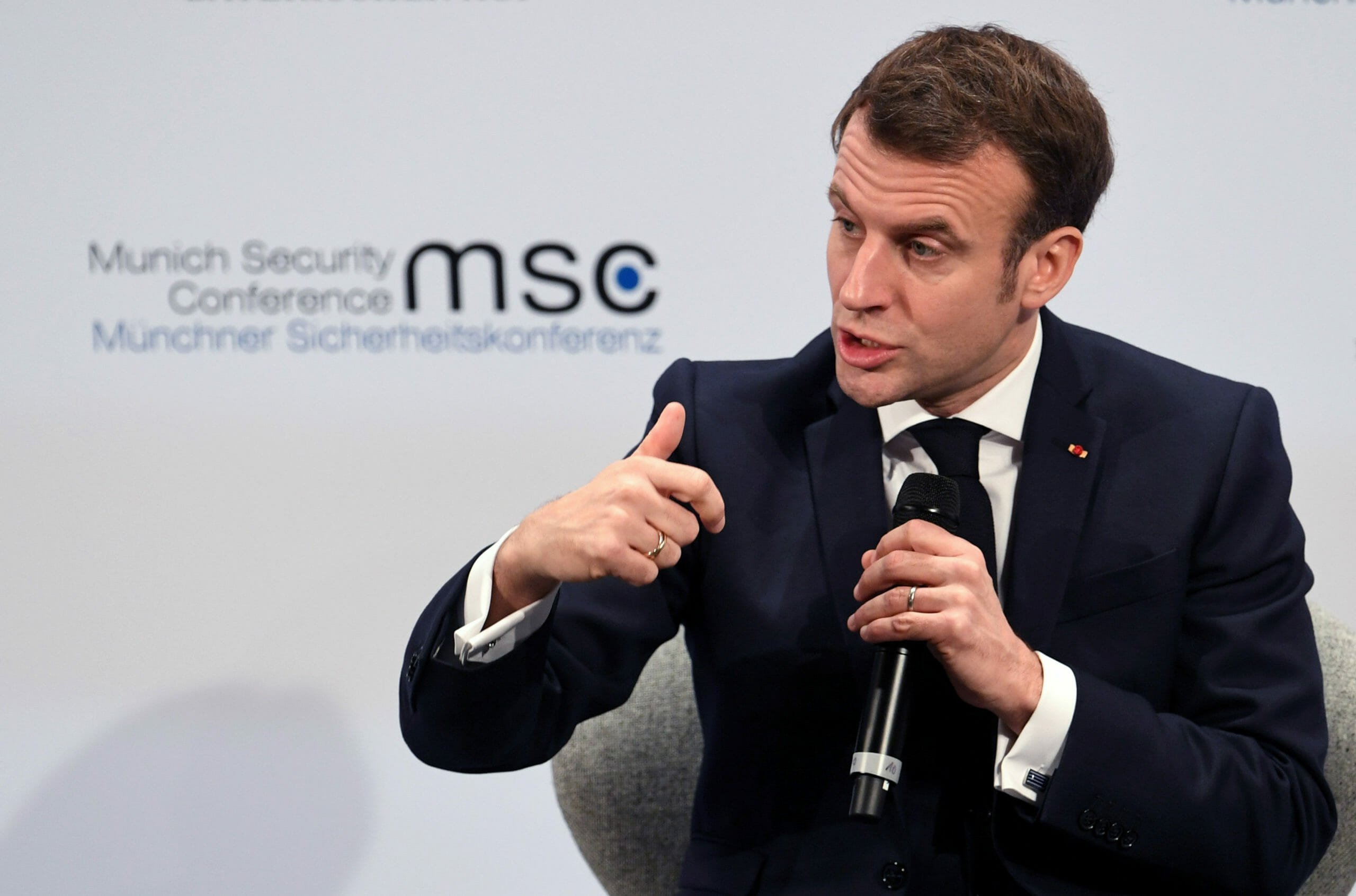French President Emmanuel Macron speaks during a panel discussion at the annual Munich Security Conference in Germany February 15, 2020. REUTERS