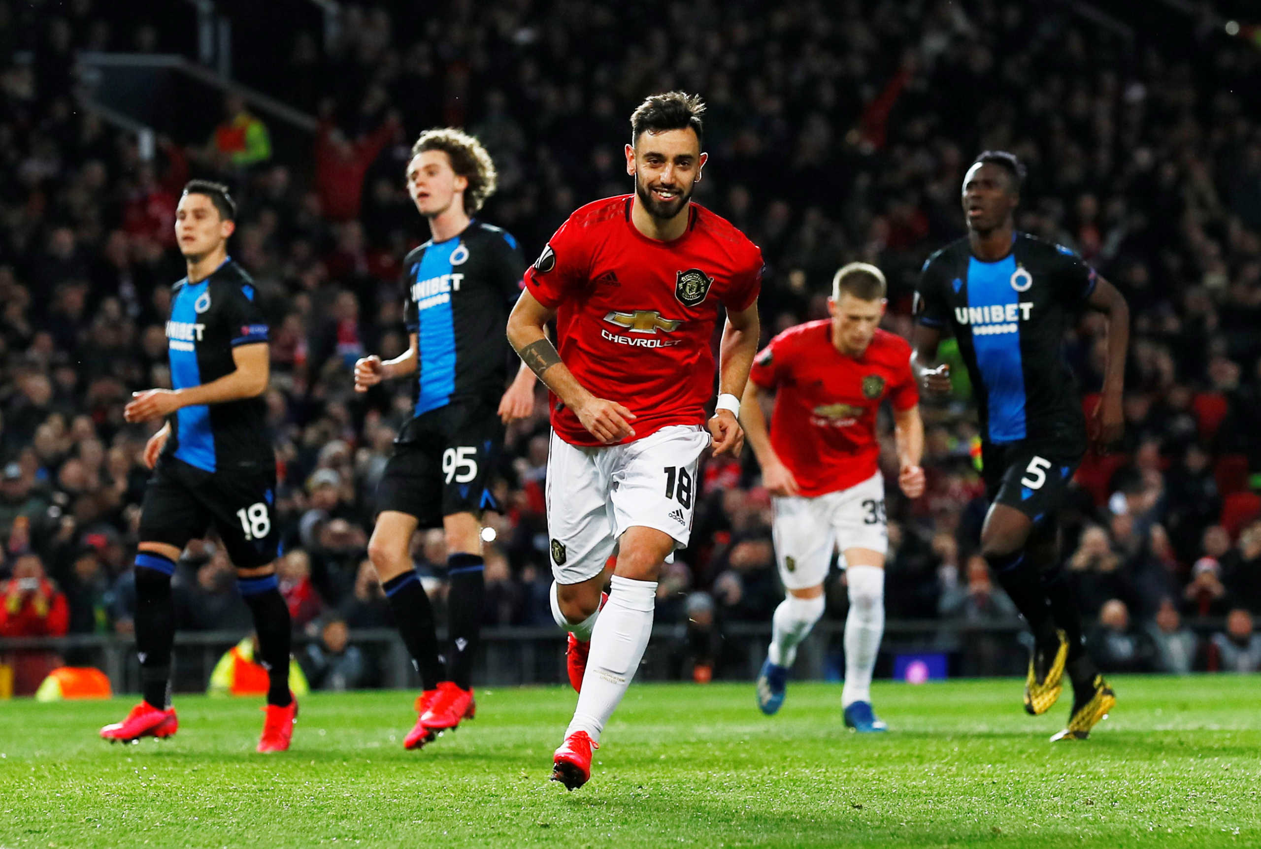 Soccer Football - Europa League - Round of 32 Second Leg - Manchester United v Club Brugge - Old Trafford, Manchester, Britain - February 27, 2020  Manchester United's Bruno Fernandes celebrates scoring their first goal   Action Images via Reuters