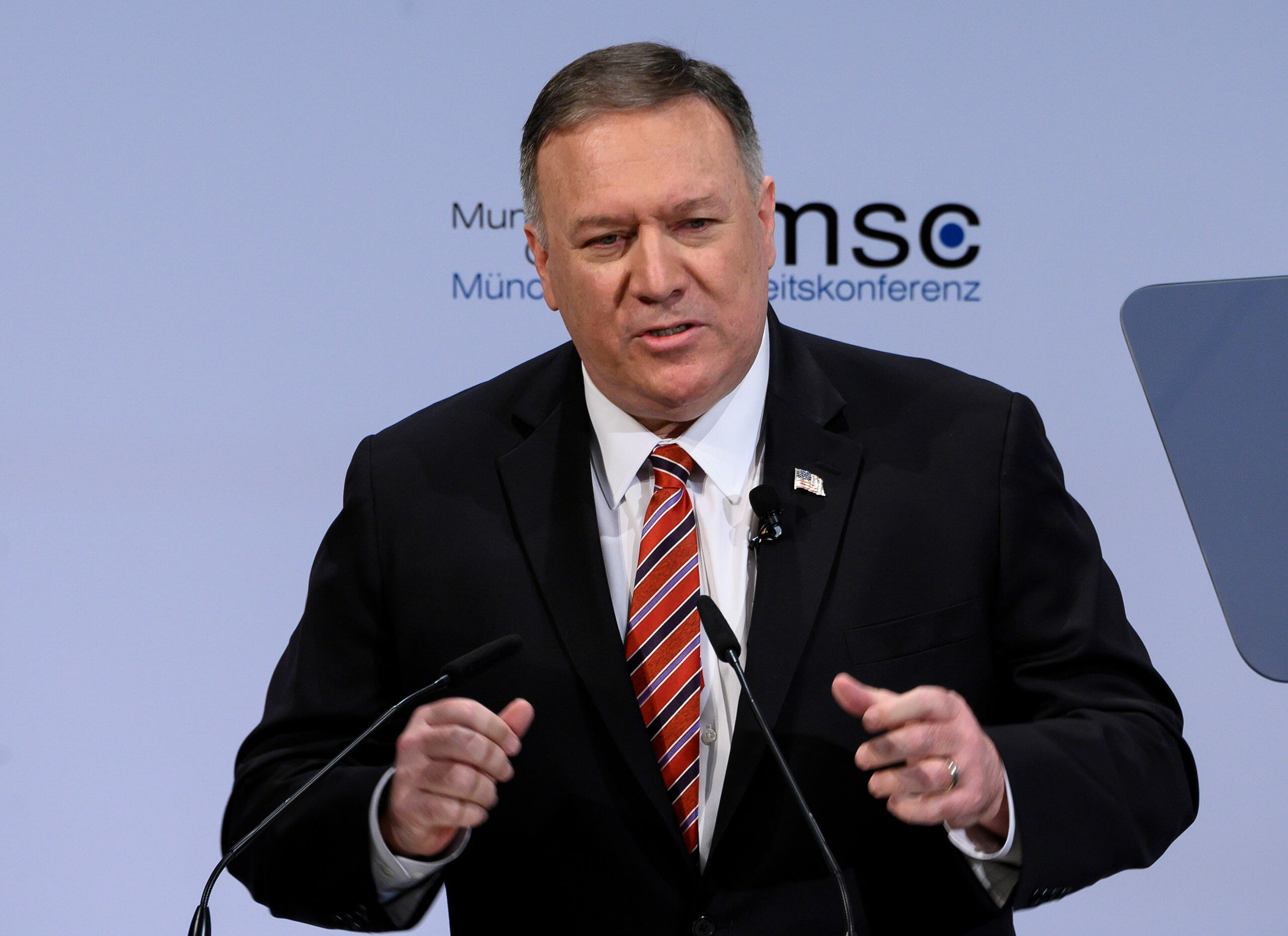 U.S. Secretary of State Mike Pompeo addresses the audience on the podium during the 56th Munich Security Conference (MSC) in Munich, southern Germany, February 15, 2020.  Andrew Caballero-Reynolds