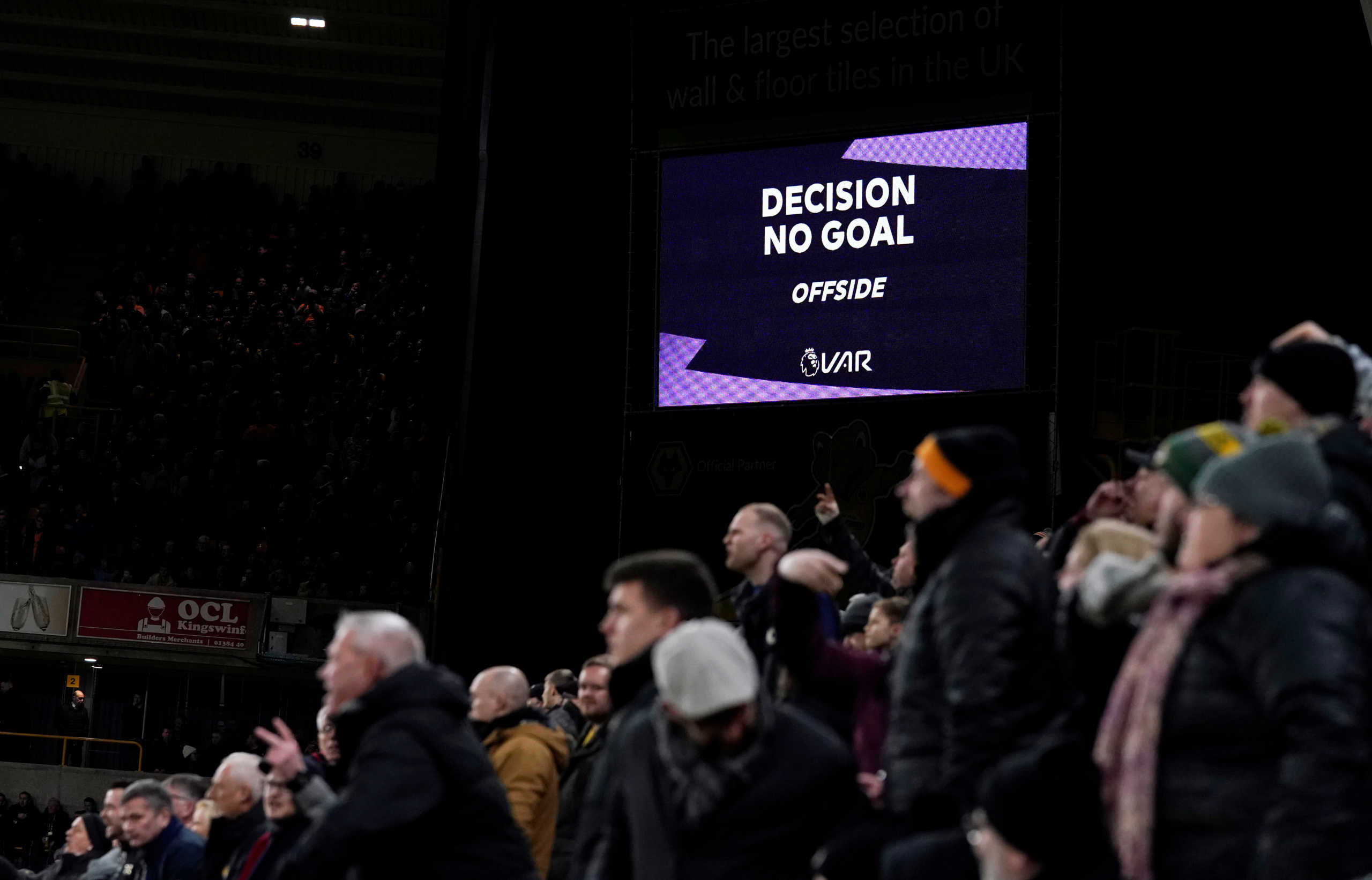 Soccer Football - Premier League - Wolverhampton Wanderers v Leicester City - Molineux Stadium, Wolverhampton, Britain - February 14, 2020  General view of the VAR screen after a Wolverhampton Wanderers goal is disallowed for offside  REUTERS
