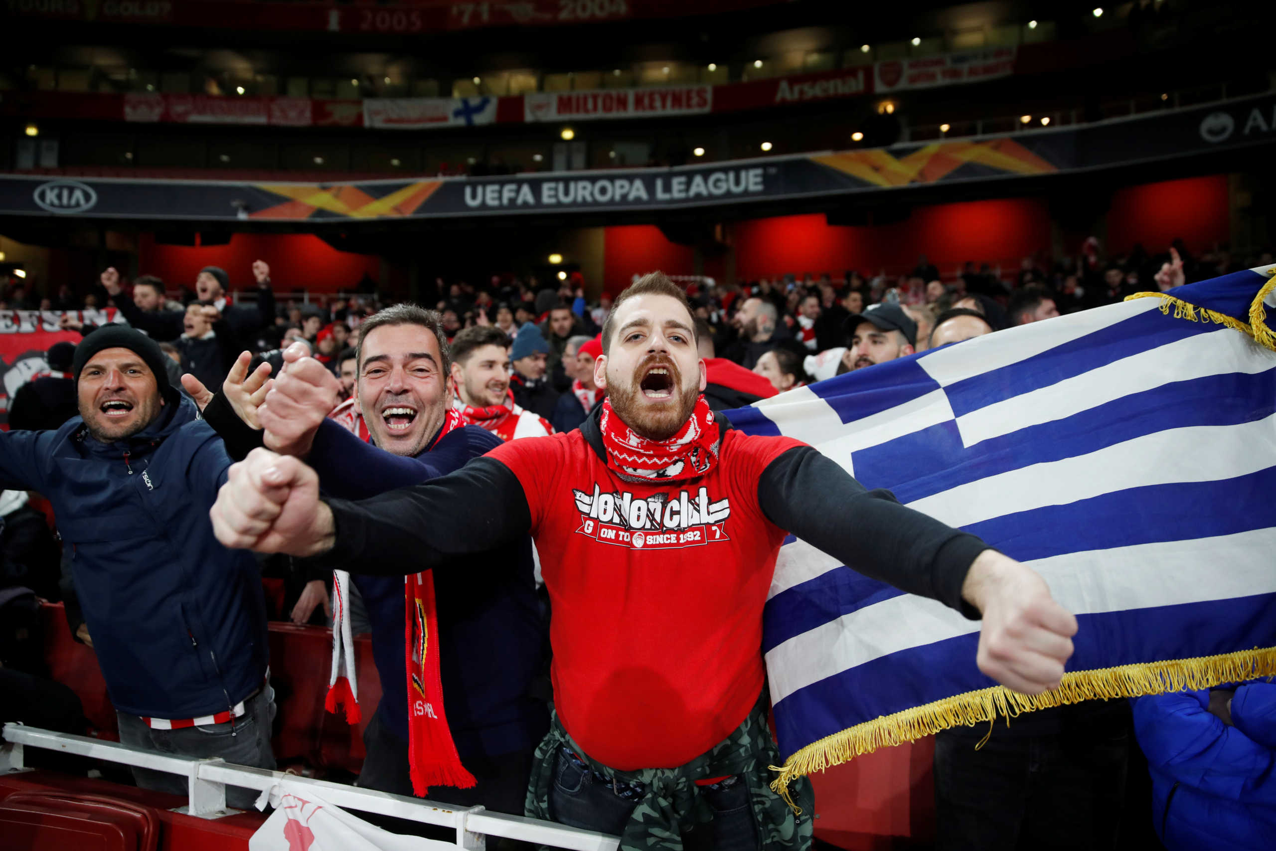Soccer Football - Europa League - Round of 32 Second Leg - Arsenal v Olympiacos - Emirates Stadium, London, Britain - February 27, 2020  Olympiacos fans pose inside the stadium before the match   REUTERS