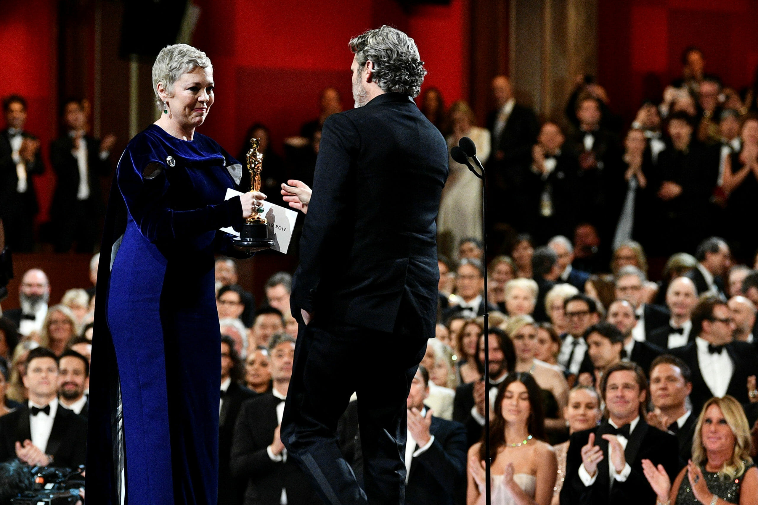 Joaquin Phoenix receives the Oscar for Best Actor for "Joker" from presenter Olivia Colman at the 92nd Academy Awards in Hollywood, Los Angeles, California, U.S., February 9, 2020. Richard Harbaugh