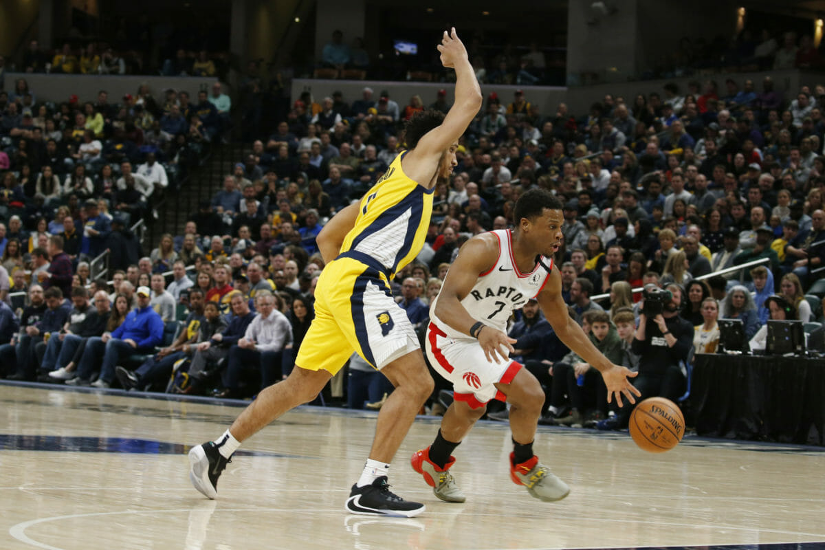 Feb 7, 2020; Indianapolis, Indiana, USA; Toronto Raptors guard Kyle Lowry (7) drives to the basket against Indiana Pacers guard Malcolm Brogdon (7) during the first quarter at Bankers Life Fieldhouse. Mandatory Credit: Brian Spurlock-USA TODAY Sports