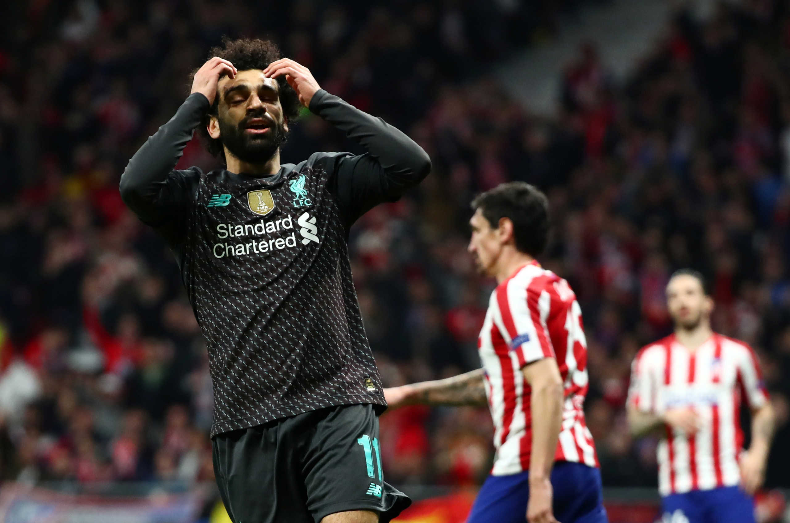 Soccer Football - Champions League - Round of 16 First Leg - Atletico Madrid v Liverpool - Wanda Metropolitano, Madrid, Spain - February 18, 2020  Liverpool's Mohamed Salah reacts after scoring a disallowed goal  REUTERS