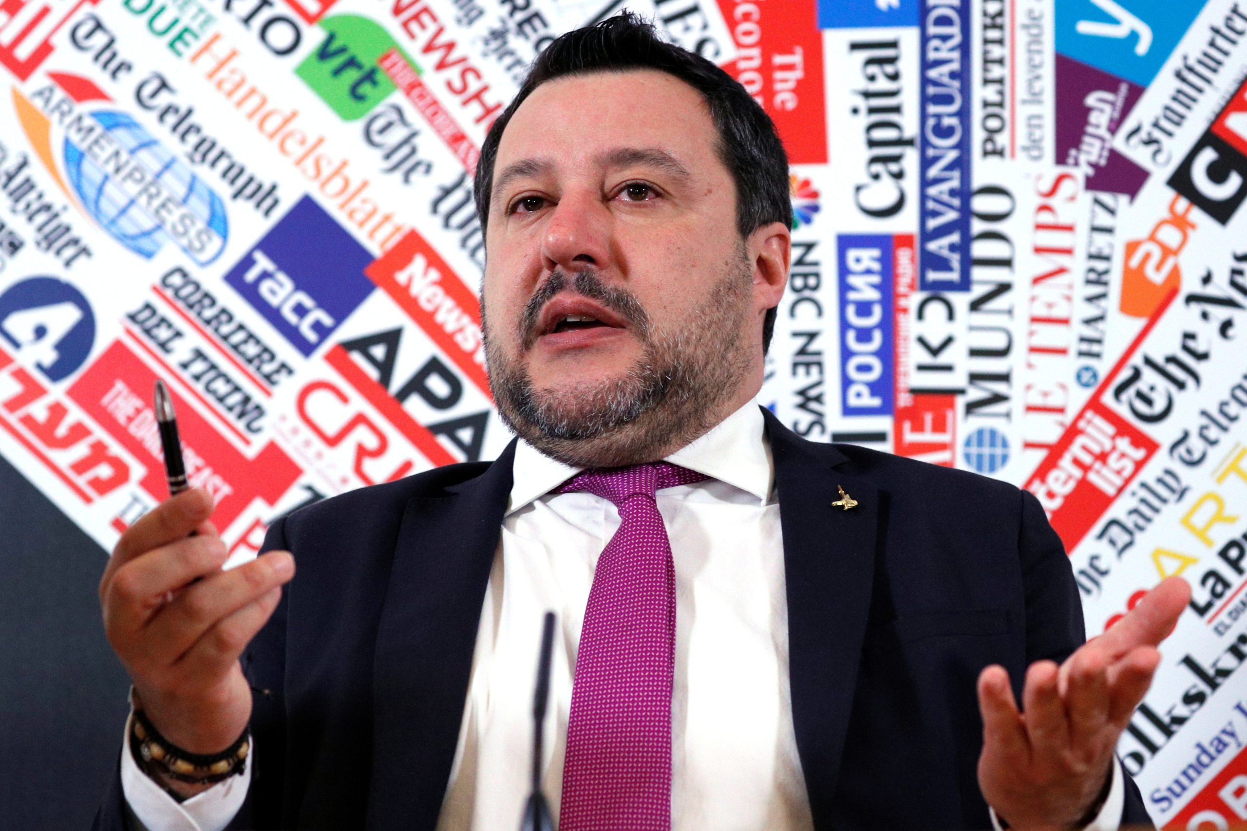 Leader of Italy's far-right party Matteo Salvini gestures during a news conference a day after the Senate voted to remove his legal protection, opening the way for a trial over accusations he illegally detained migrants at sea last year, in Rome, Italy, February 13, 2020. REUTERS