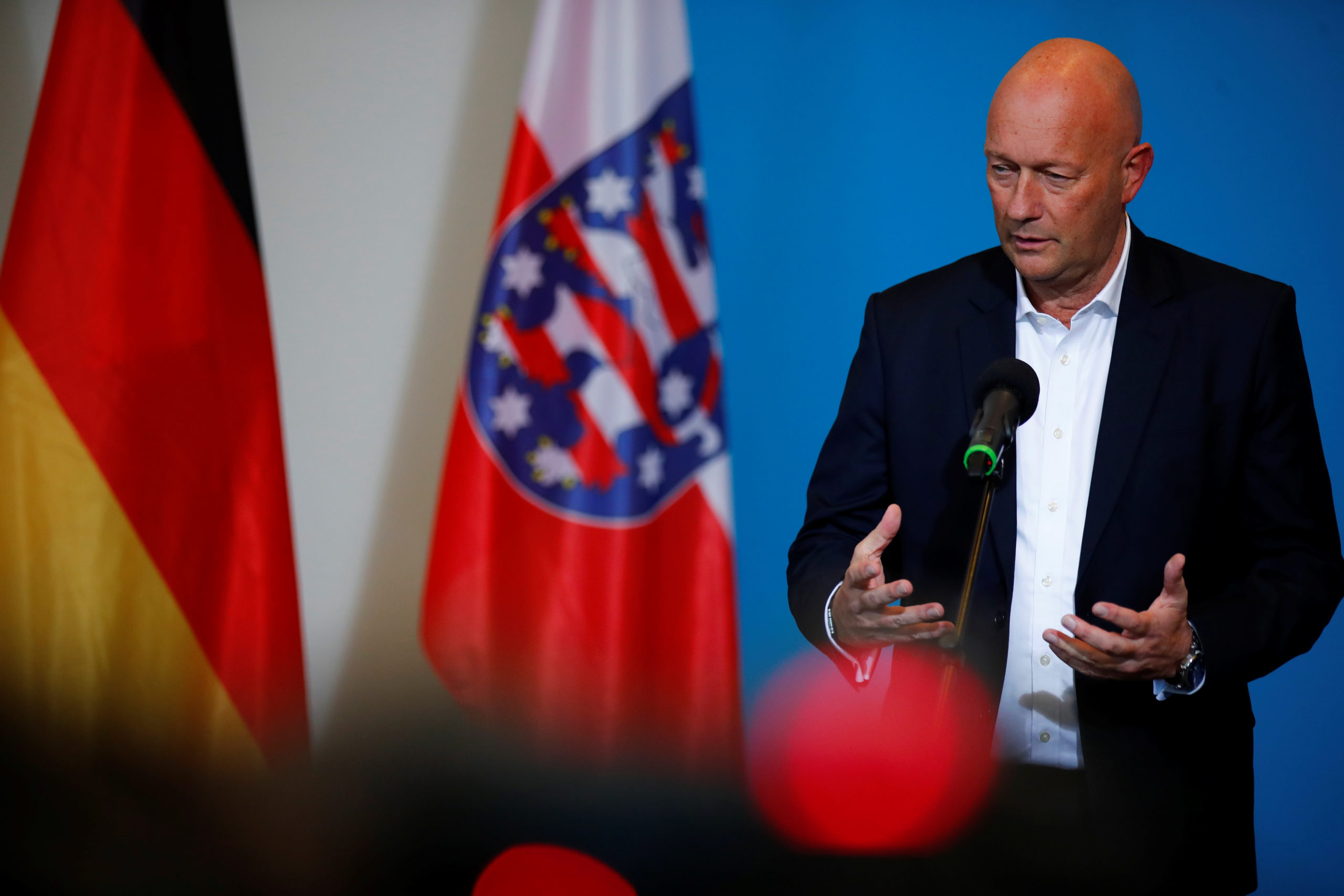 New elected Free Democratic Party FDP premier of Thuringia Thomas Kemmerich gives a statement in Erfurt, Germany, February 5, 2020. REUTERS