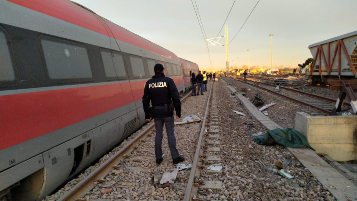 Police is seen at the scene where a high speed train travelling from Milan to Bologna derailed, in Lodi, Italy February 6, 2020. Polizia di Stato