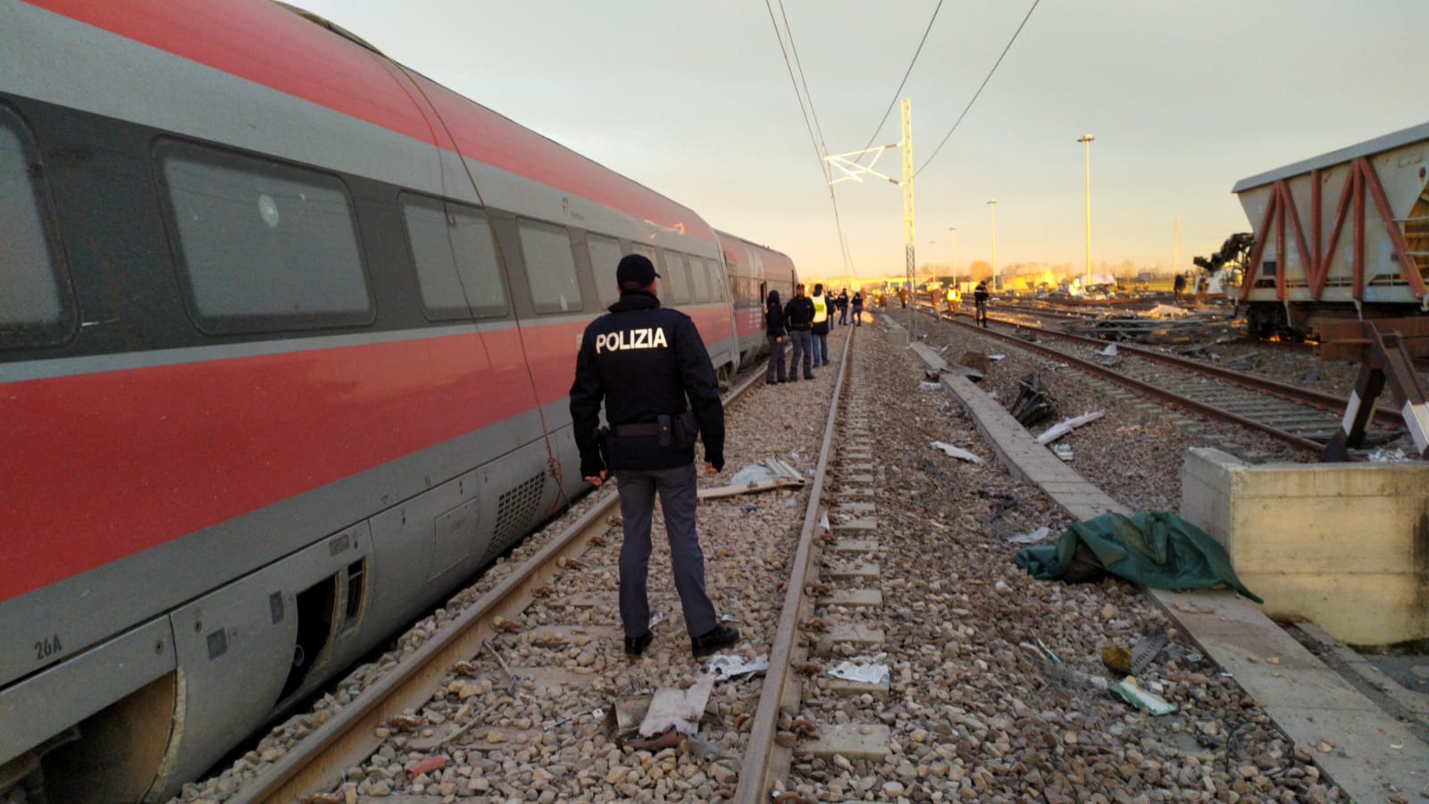 Police is seen at the scene where a high speed train travelling from Milan to Bologna derailed, in Lodi, Italy February 6, 2020. Polizia di Stato