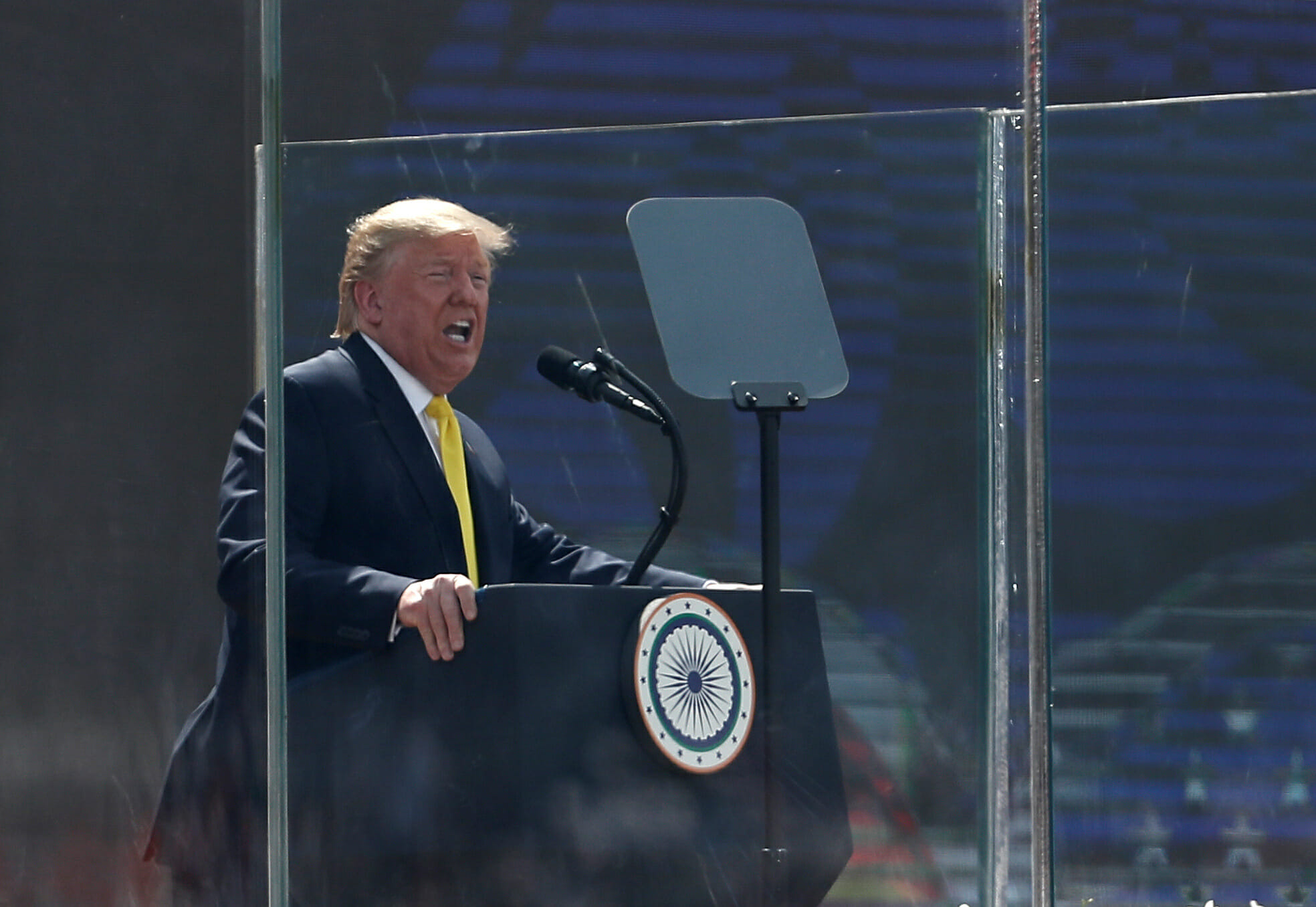 U.S. President Donald Trump addresses the audience during the "Namaste Trump" event at Sardar Patel Gujarat Stadium, in Ahmedabad, India, February 24, 2020.  REUTERS