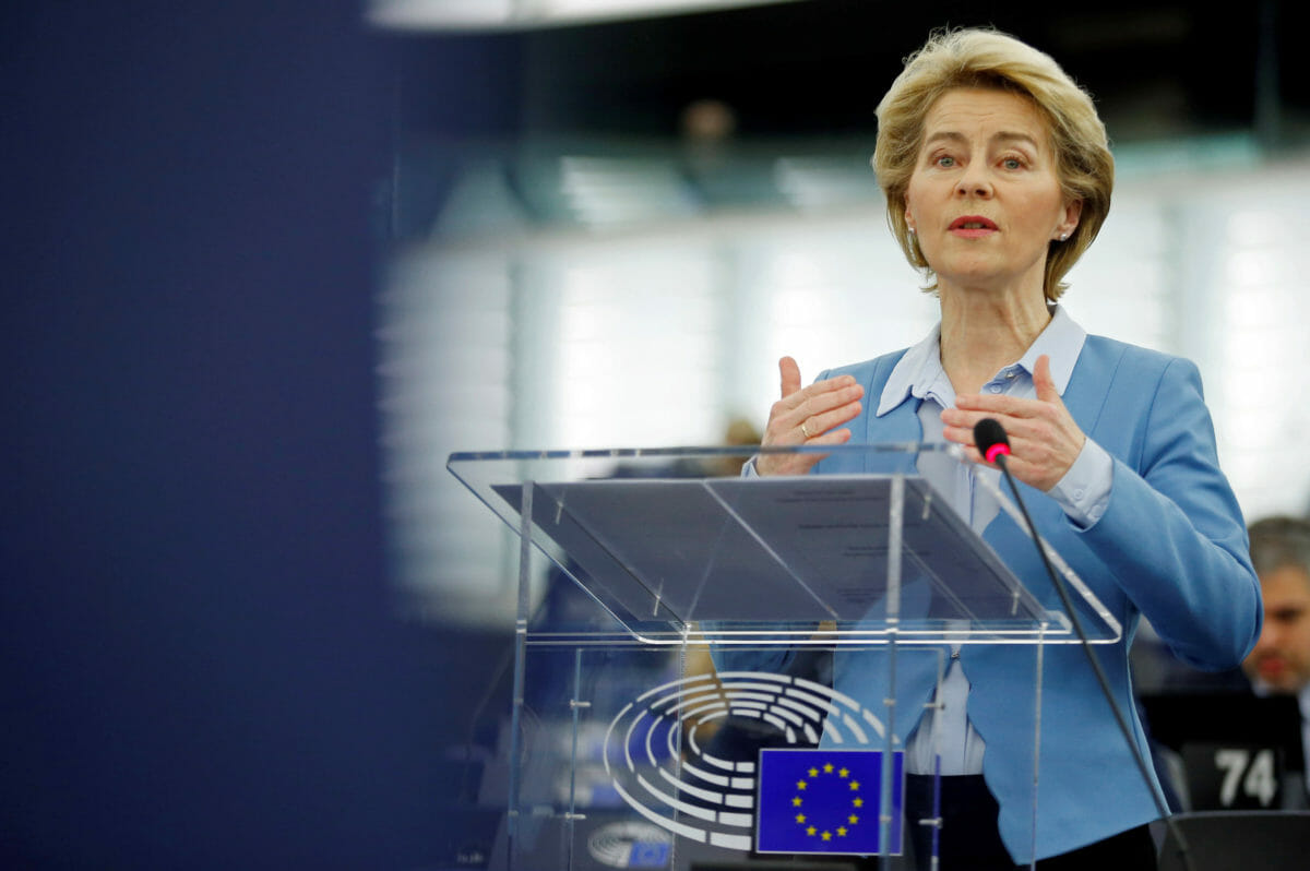 European Commission President Ursula von der Leyen addresses the European Parliament during a debate on the future partnership with the UK in Strasbourg, France, February 11, 2020. REUTERS