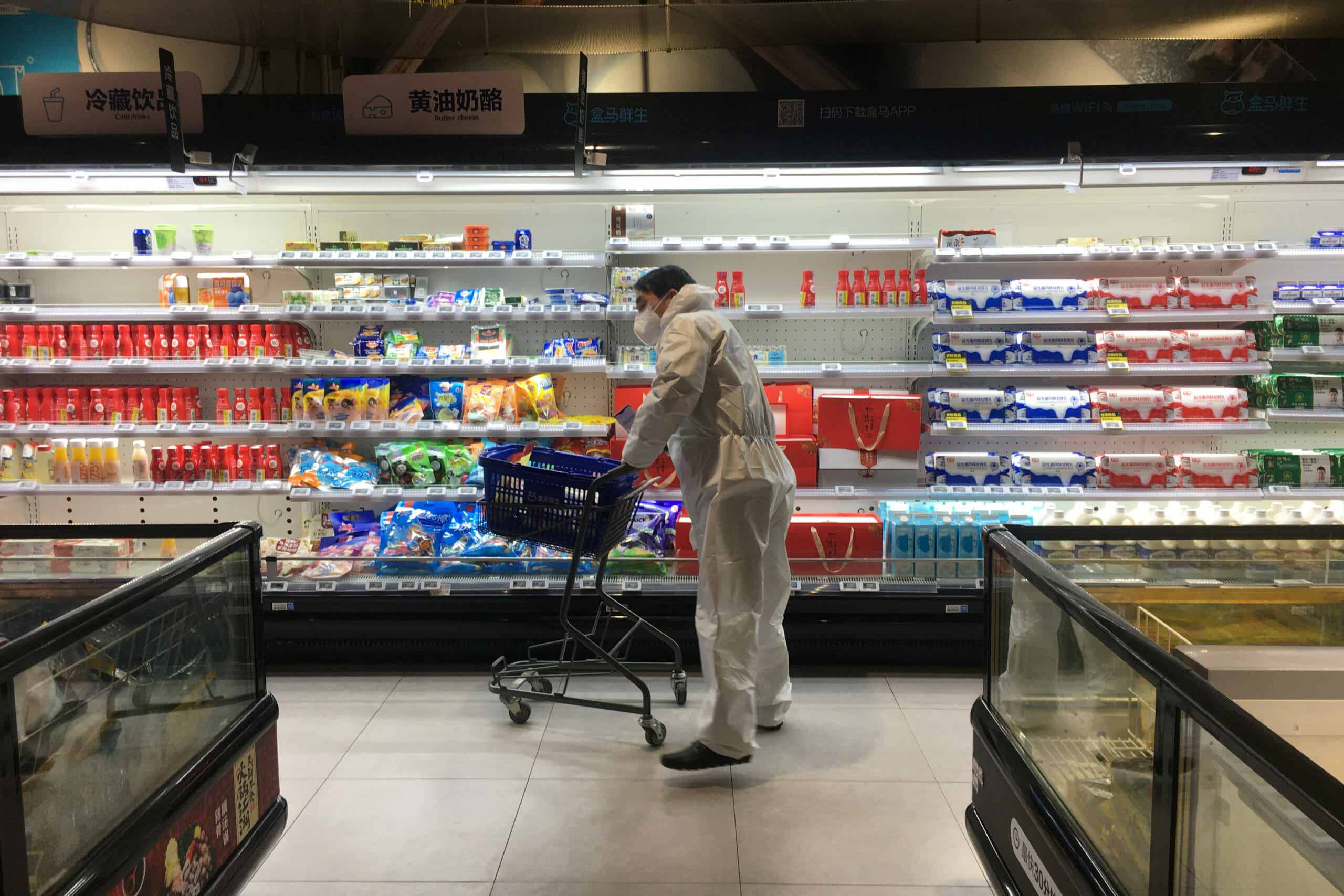 A customer pushes a cart while shopping inside a supermarket of Alibaba's Hema Fresh chain, following an outbreak of the novel coronavirus in Wuhan, Hubei province, China February 11, 2020.  REUTERS