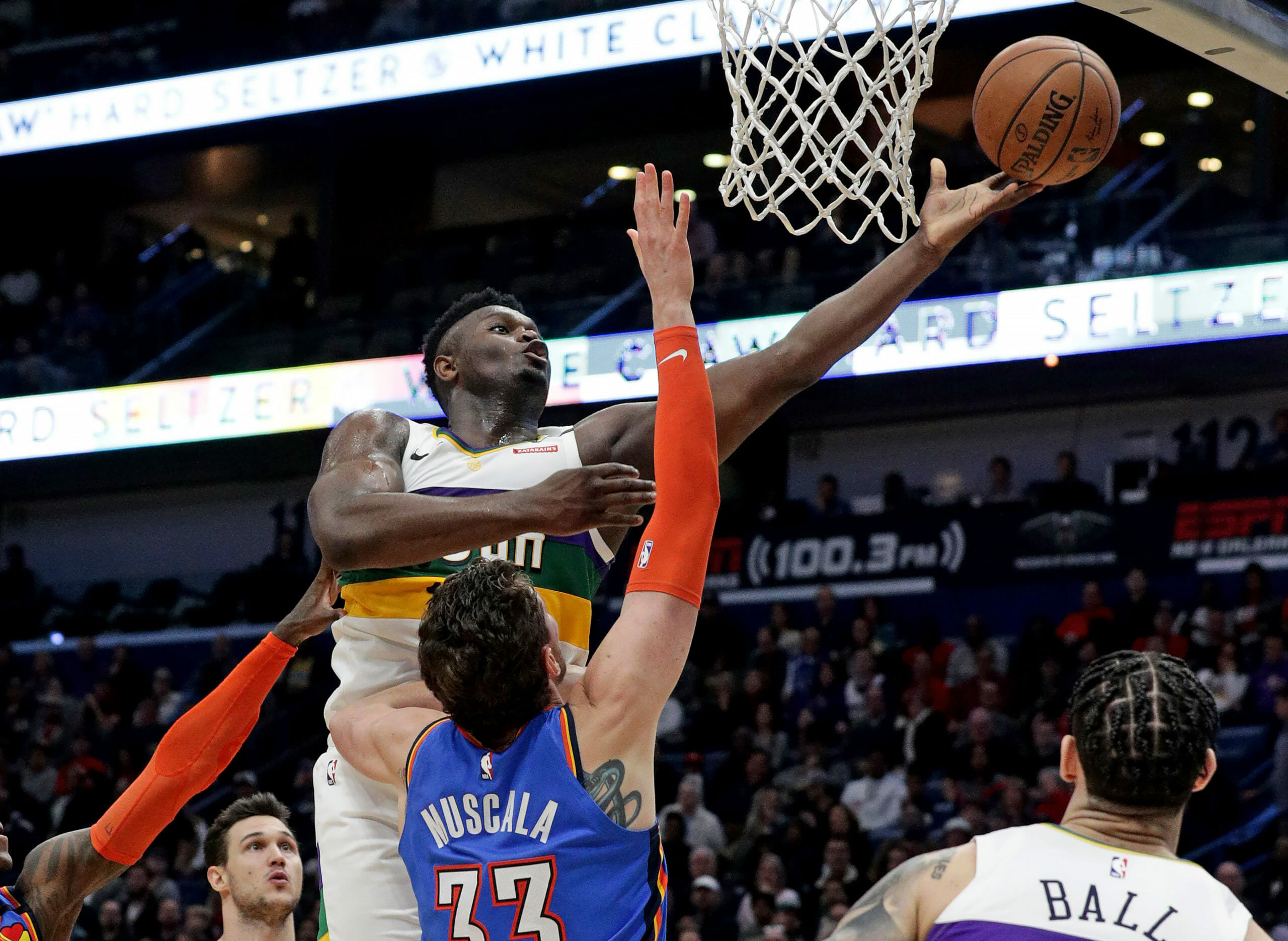 Feb 13, 2020; New Orleans, Louisiana, USA;  New Orleans Pelicans forward Zion Williamson (1) drives to the basket against Oklahoma City Thunder forward Mike Muscala (33) during the second half at Smoothie King Center. Mandatory Credit: Stephen Lew-USA TODAY Sports