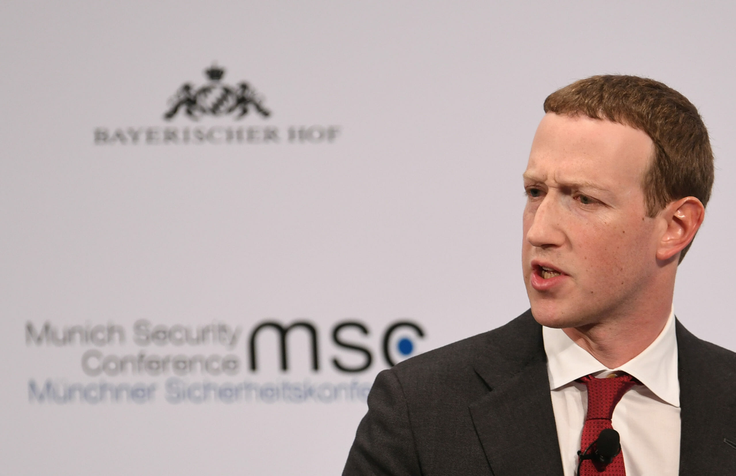 Facebook Chairman and CEO Mark Zuckerberg speaks during the annual Munich Security Conference in Germany, February 15, 2020. REUTERS