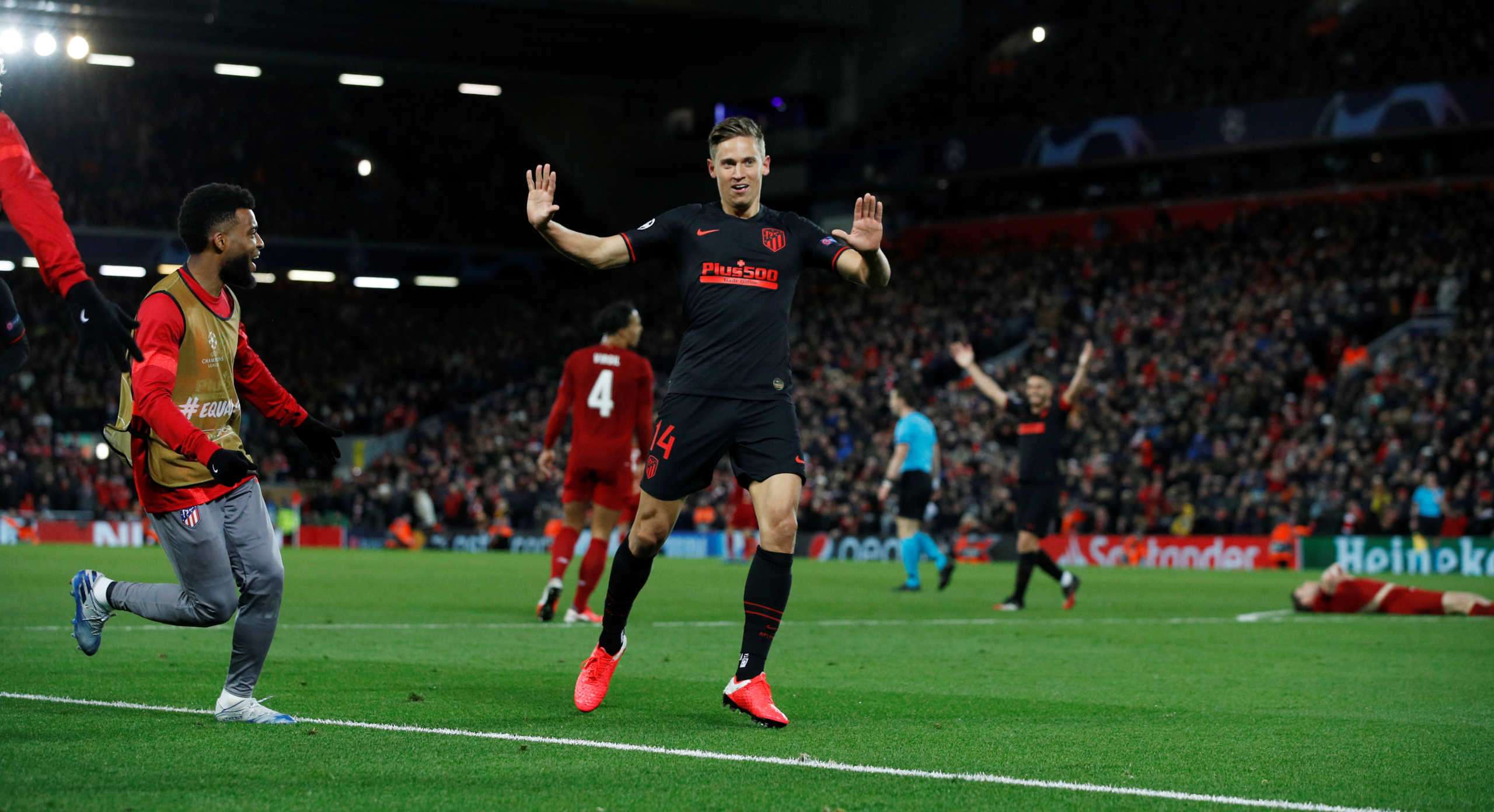 Soccer Football - Champions League - Round of 16 Second Leg - Liverpool v Atletico Madrid - Anfield, Liverpool, Britain - March 11, 2020  Atletico Madrid's Marcos Llorente celebrates scoring their second goal   REUTERS