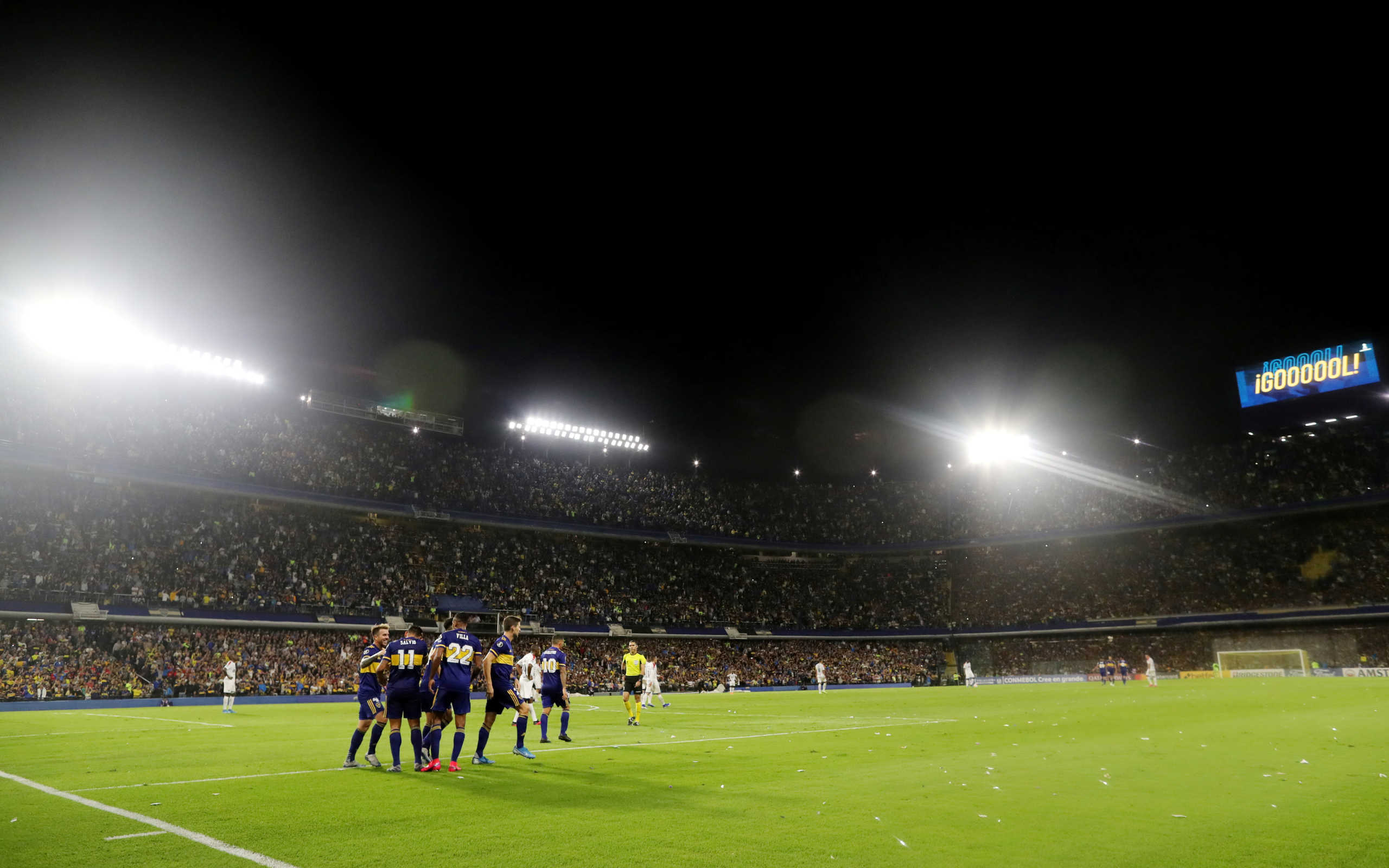 Soccer Football - Copa Libertadores - Group H - Boca Juniors v Independiente de Medellin - Alberto J. Armando Stadium, Buenos Aires, Argentina - March 10, 2020   Boca Juniors' Eduardo Salvio celebrates scoring their second goal with teammates     REUTERS